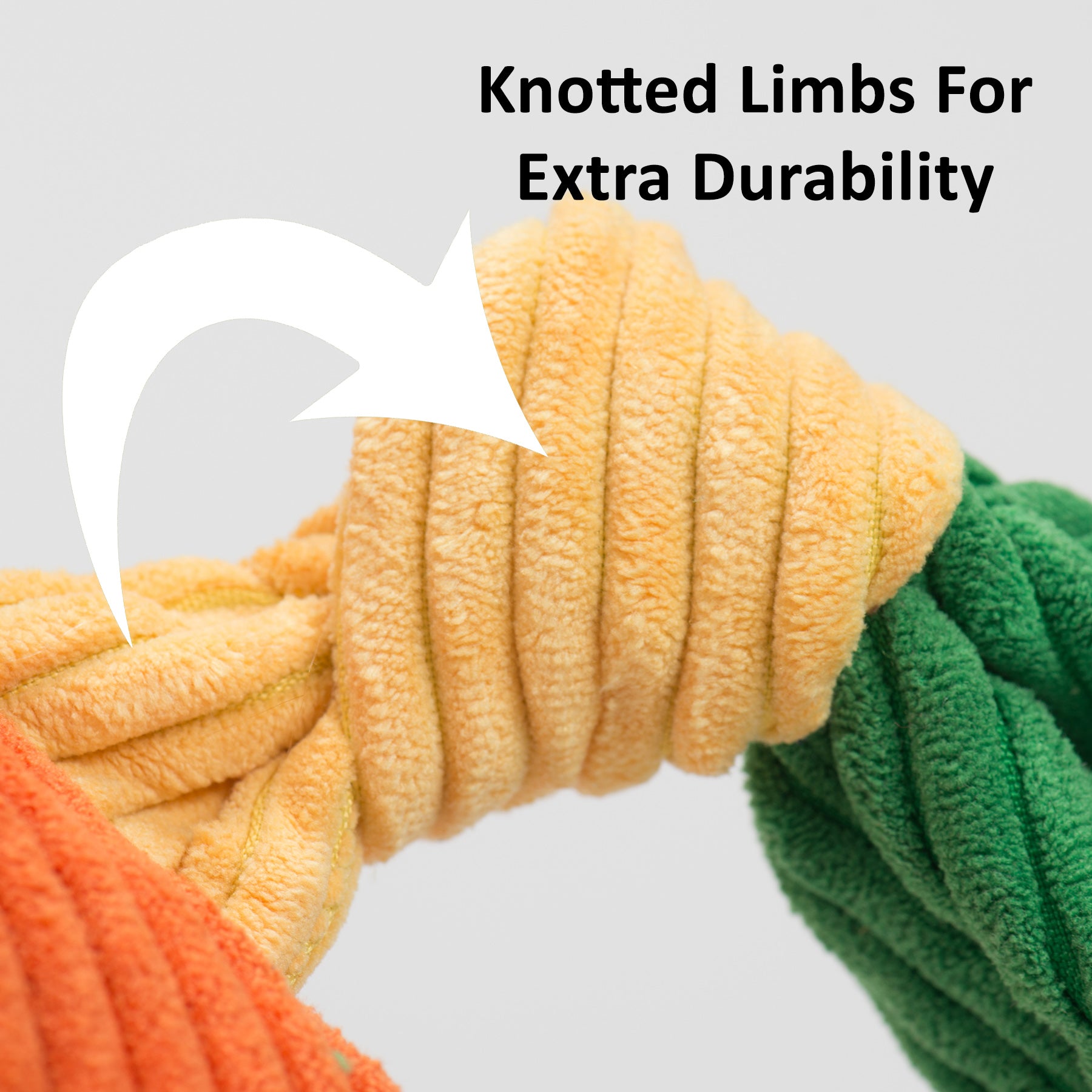 Displaying an example of the knotted limbs the toy has, which makes it more durable.