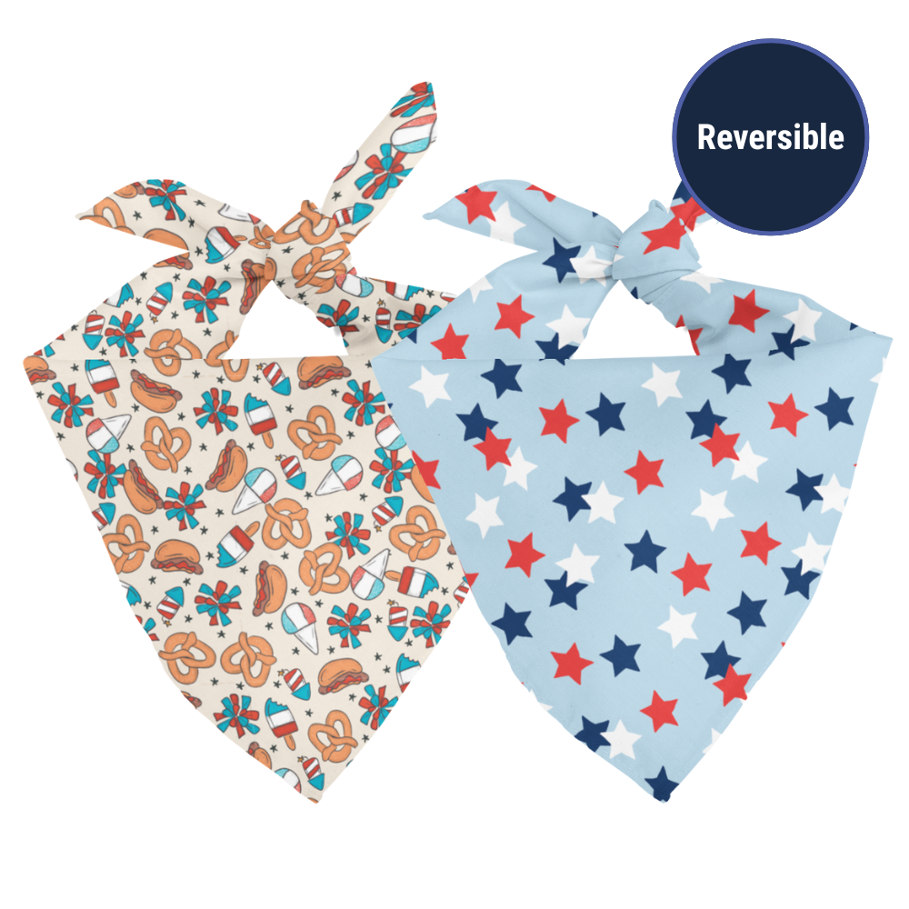 Double sided 4th of July themed bandana on a white background.