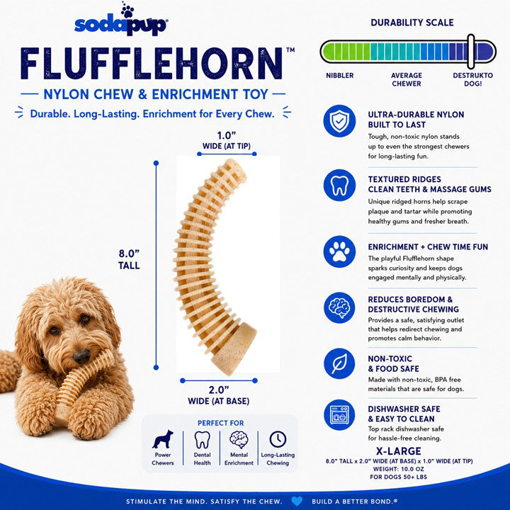 SodaPup Flufflehorn Dental Antler Indestructible Nylon Dog Chew Toy XL | USA Made