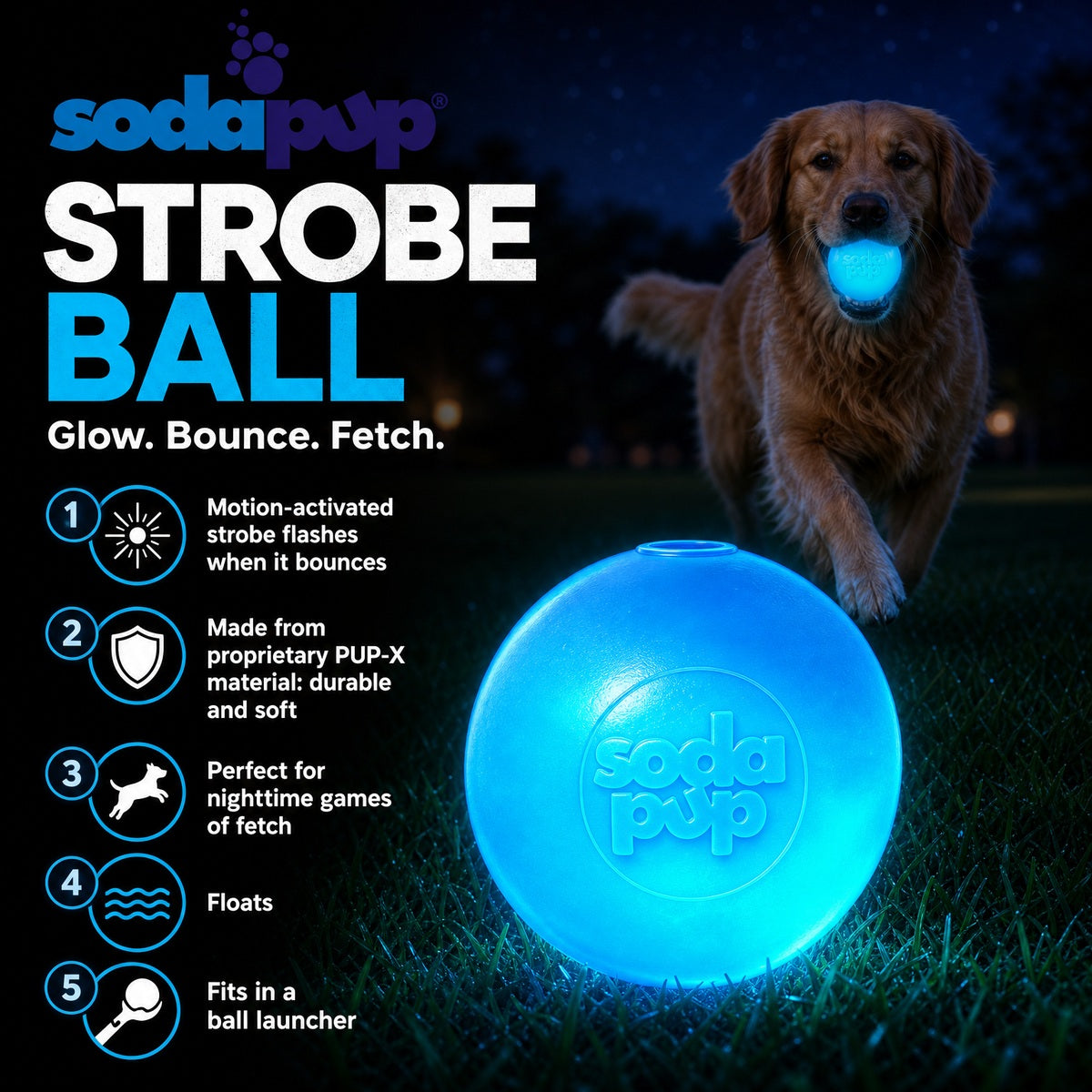 SodaPup Strobe Ball Light-Up Dog Toy Durable Floating Chew | Made USA