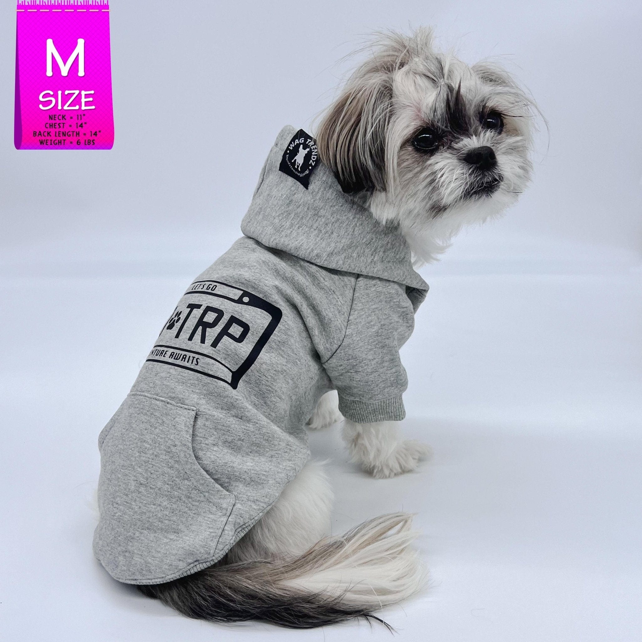 Hooded Sweatshirt For Dogs - Shih Tzu mix wearing "Road Trip" hooded sweatshirt with license plate design in gray - back view - against solid white background - Wag Trendz