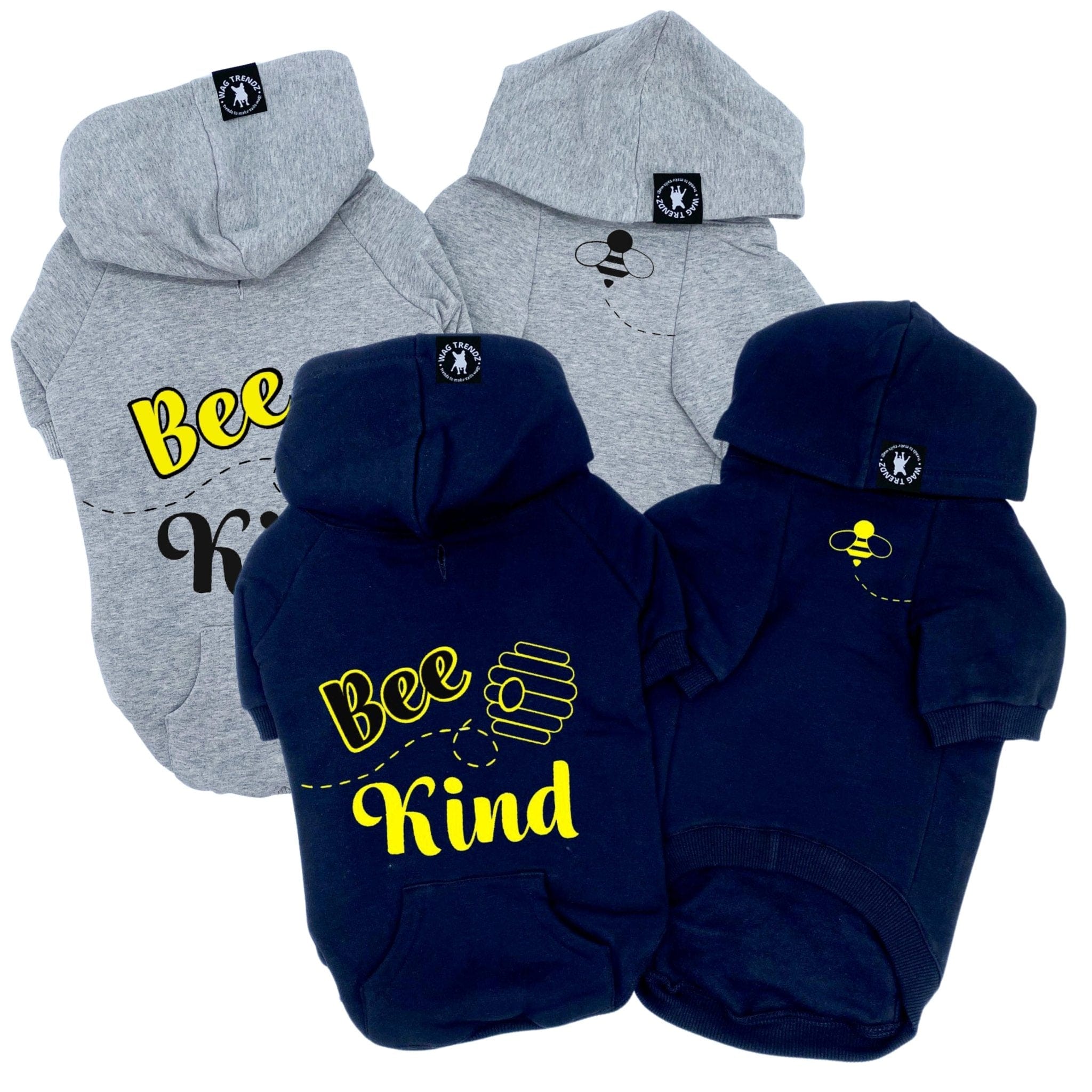 Hooded Sweatshirt For Dogs - "Bee Kind" hooded sweatshirt in gray & black sets front and back views with Bee Kind and hive on back and swarming bee emoji on front chest - Wag Trendz