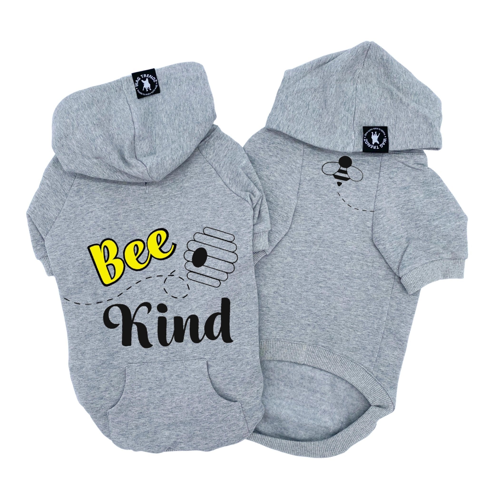 Hooded Sweatshirt For Dogs - "Bee Kind" hooded sweatshirt in gray - Bee Kind and hive on back and swarming bee emoji on front chest side - against solid white background - Wag Trendz