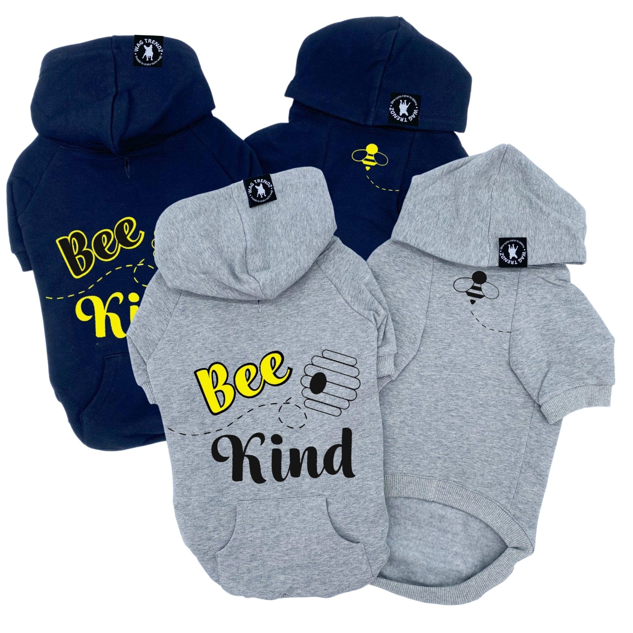 Hooded Sweatshirt For Dogs - "Bee Kind" hooded sweatshirt in black & gray sets front and back views with Bee Kind and Hive on back and swarming bee emoji on front chest - against a solid white background - Wag Trendz