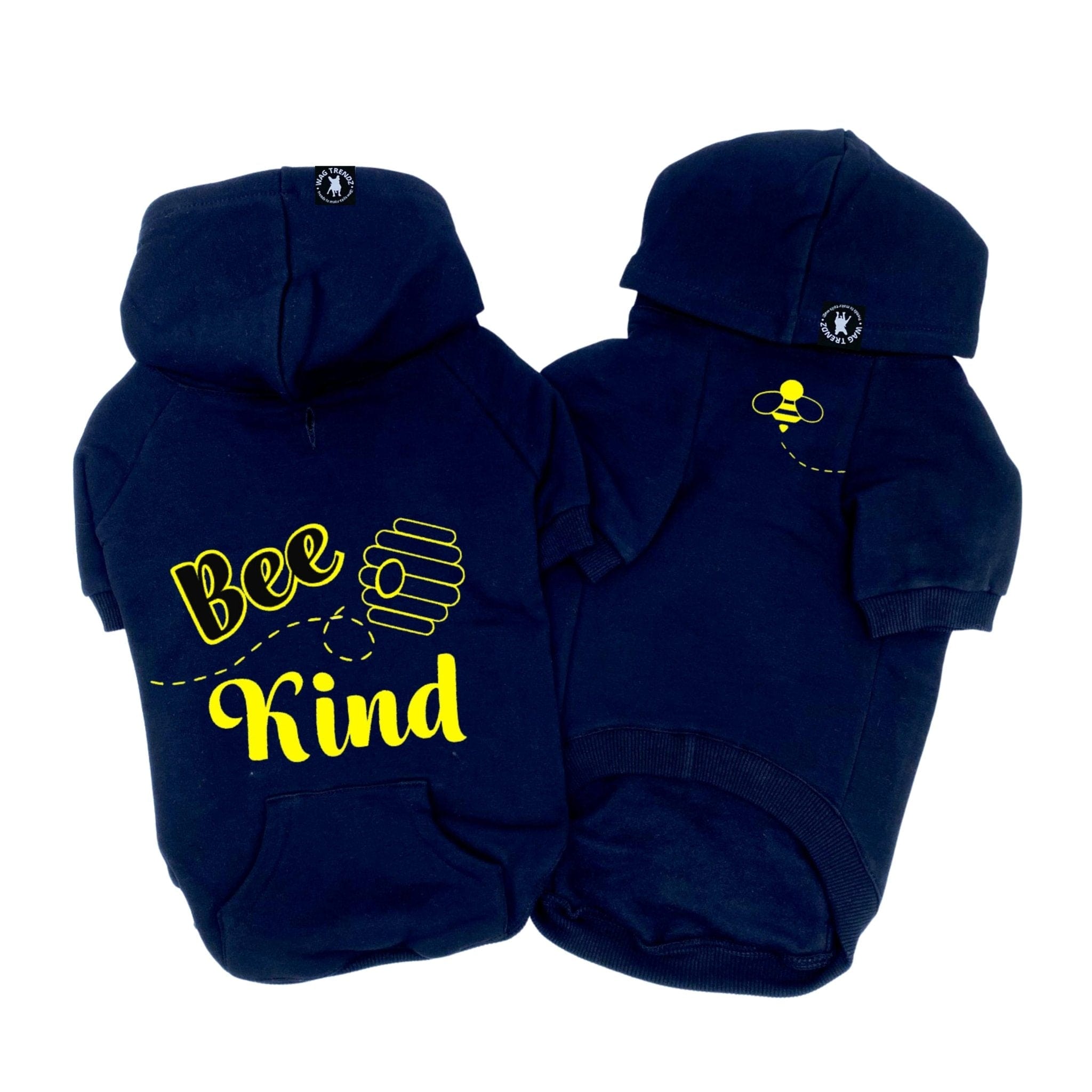 Hooded Sweatshirt For Dogs - "Bee Kind" hooded sweatshirt in black - front and back view with Bee Kind and hive on back and swarming bee emoji on chest side - against solid white background- Wag Trendz