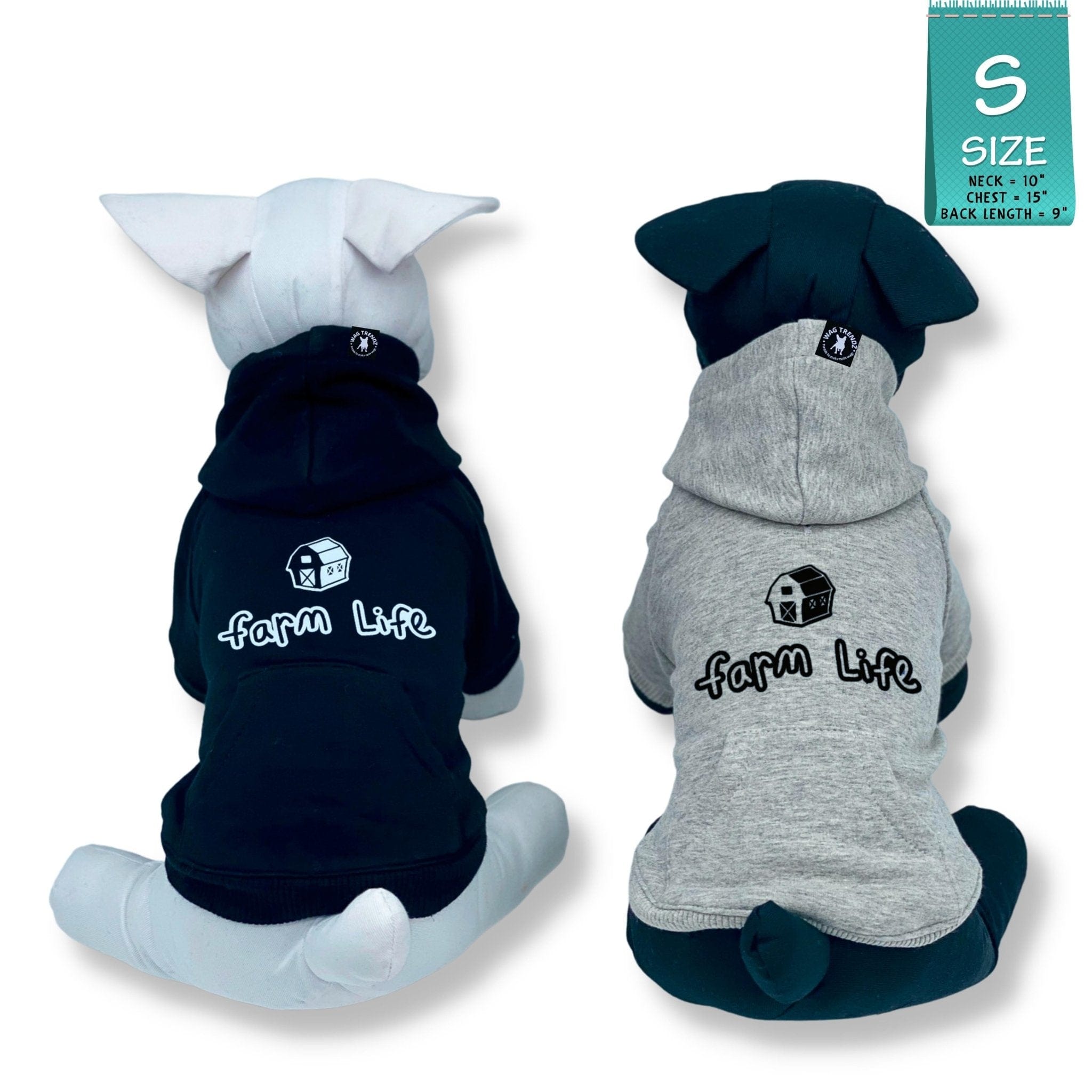 Hooded Sweatshirt For Dogs - two stuffed dogs one white and one black wearing a "Farm Life" hooded sweatshirt in black and gray - back view with Farm Life and a barn in black - against a solid white background - Wag Trendz