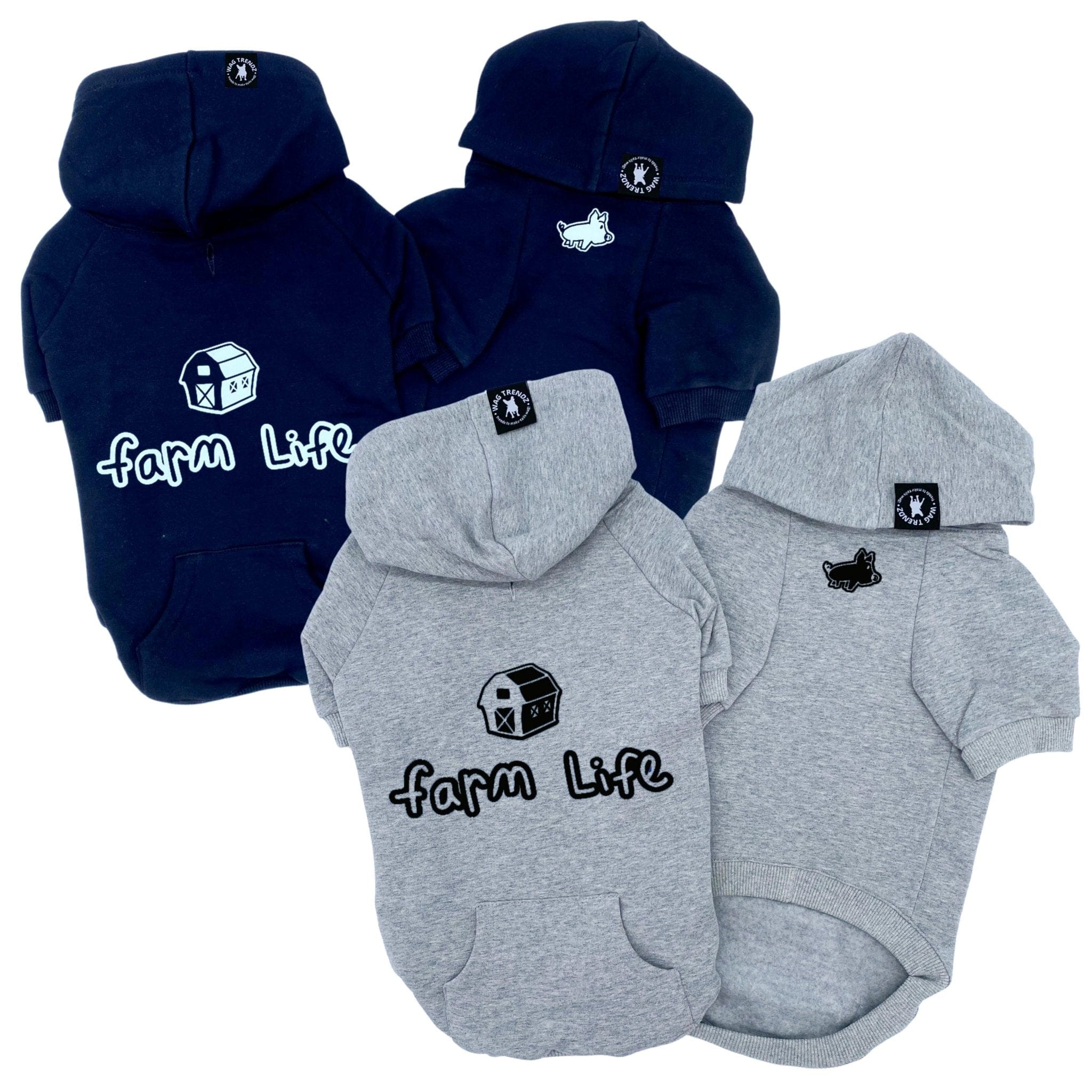 Hooded Sweatshirt For Dogs - "Farm Life" hooded sweatshirt in black and gray sets - front and back - Farm Life and barn on back and cute pig on front - against a solid white background - Wag Trendz