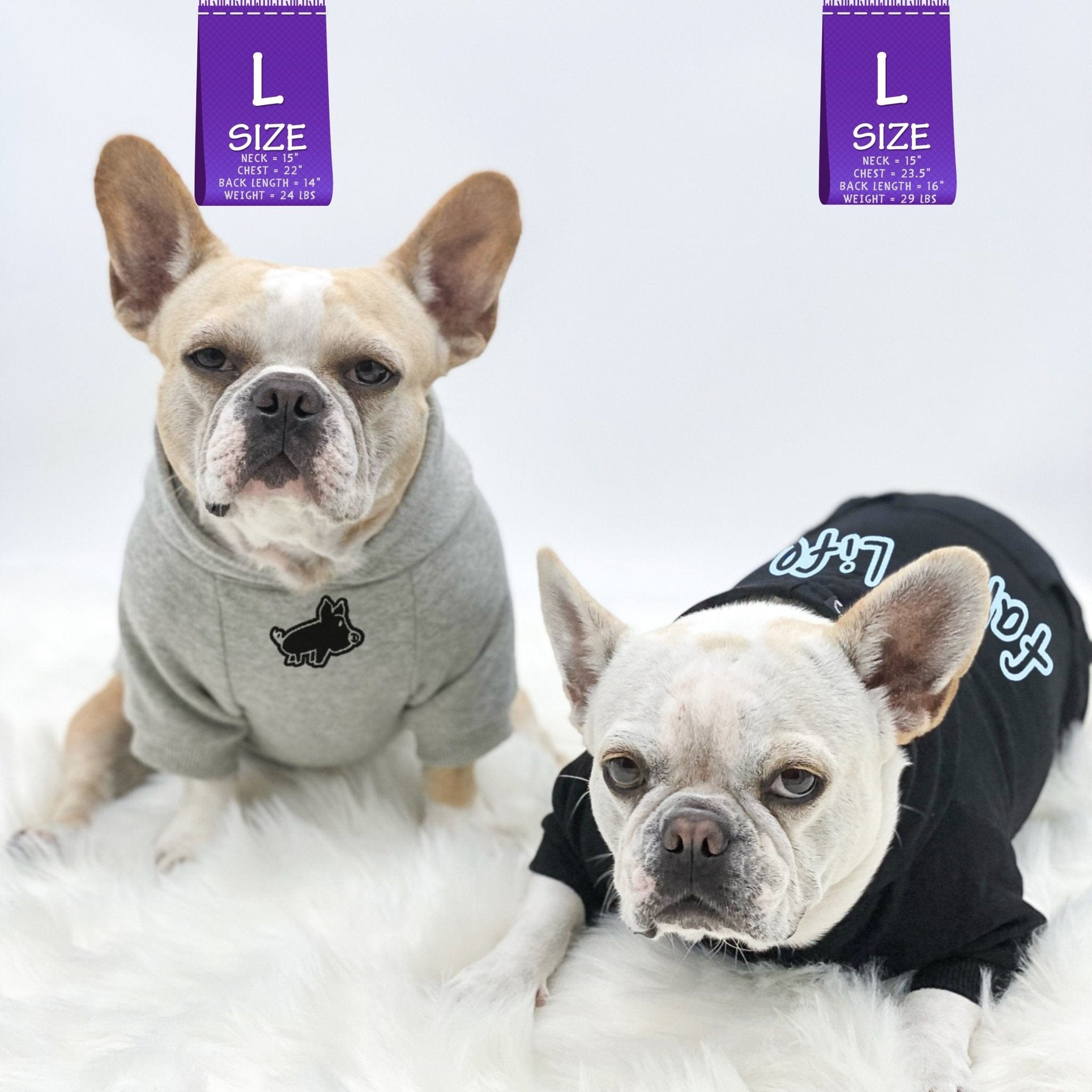 Hooded Sweatshirt For Dogs - Two French Bulldogs wearing "Farm Life" hooded sweatshirts in black and gray - one sitting up and one laying down - front view with cute pig - against a solid white background - Wag Trendz