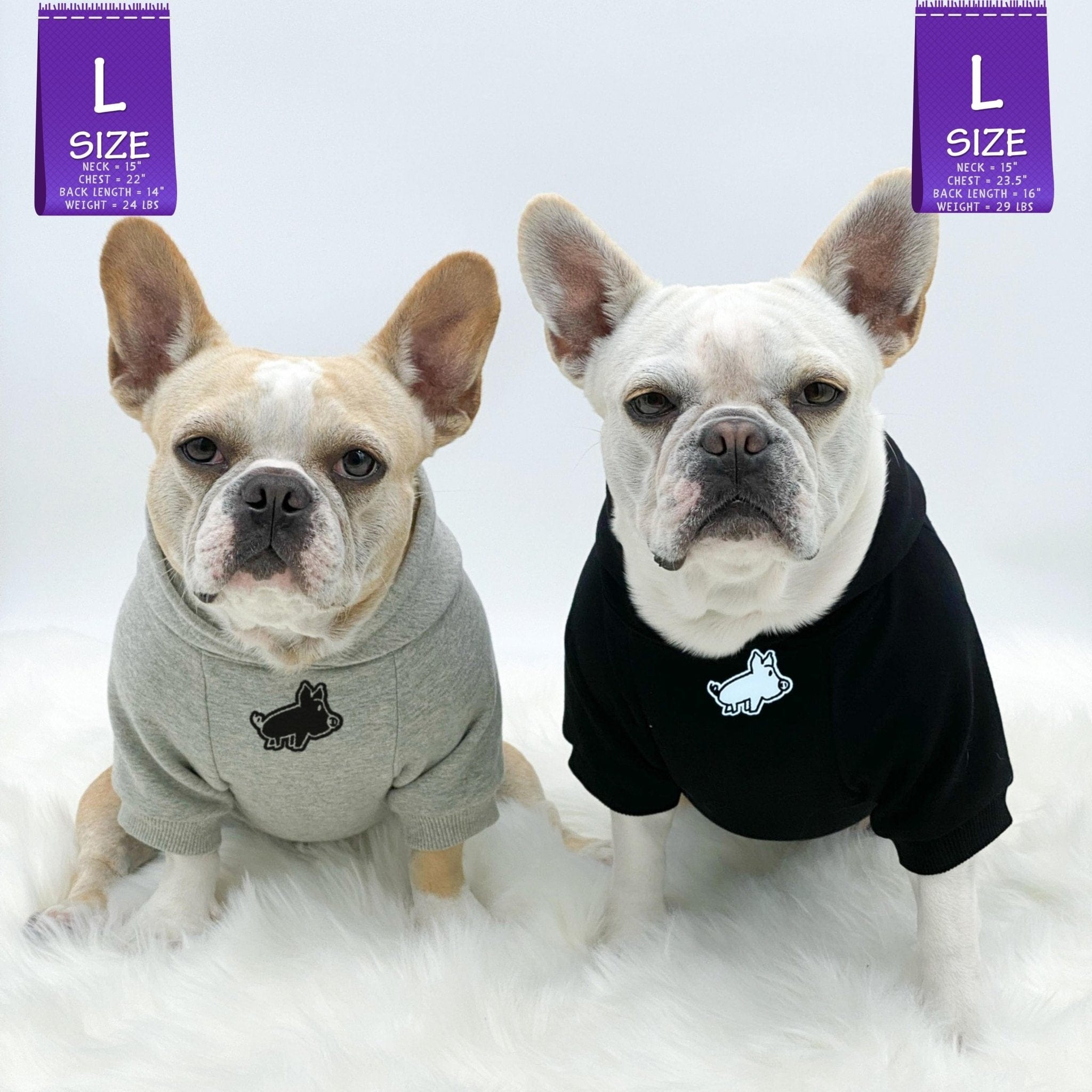 Hooded Sweatshirt For Dogs - Frenchie Bulldogs wearing "Farm Life" hooded sweatshirts in black and gray - front view with cute pig on front - against a solid white background - Wag Trendz