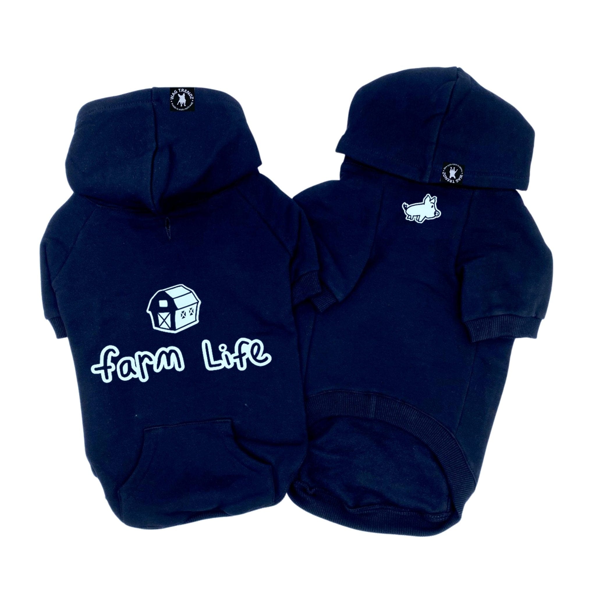 Hooded Sweatshirt For Dogs - "Farm Life" hooded sweatshirt in black set front and back view - Farm Life and barn on back and cute pig on front - against a solid white background - Wag Trendz