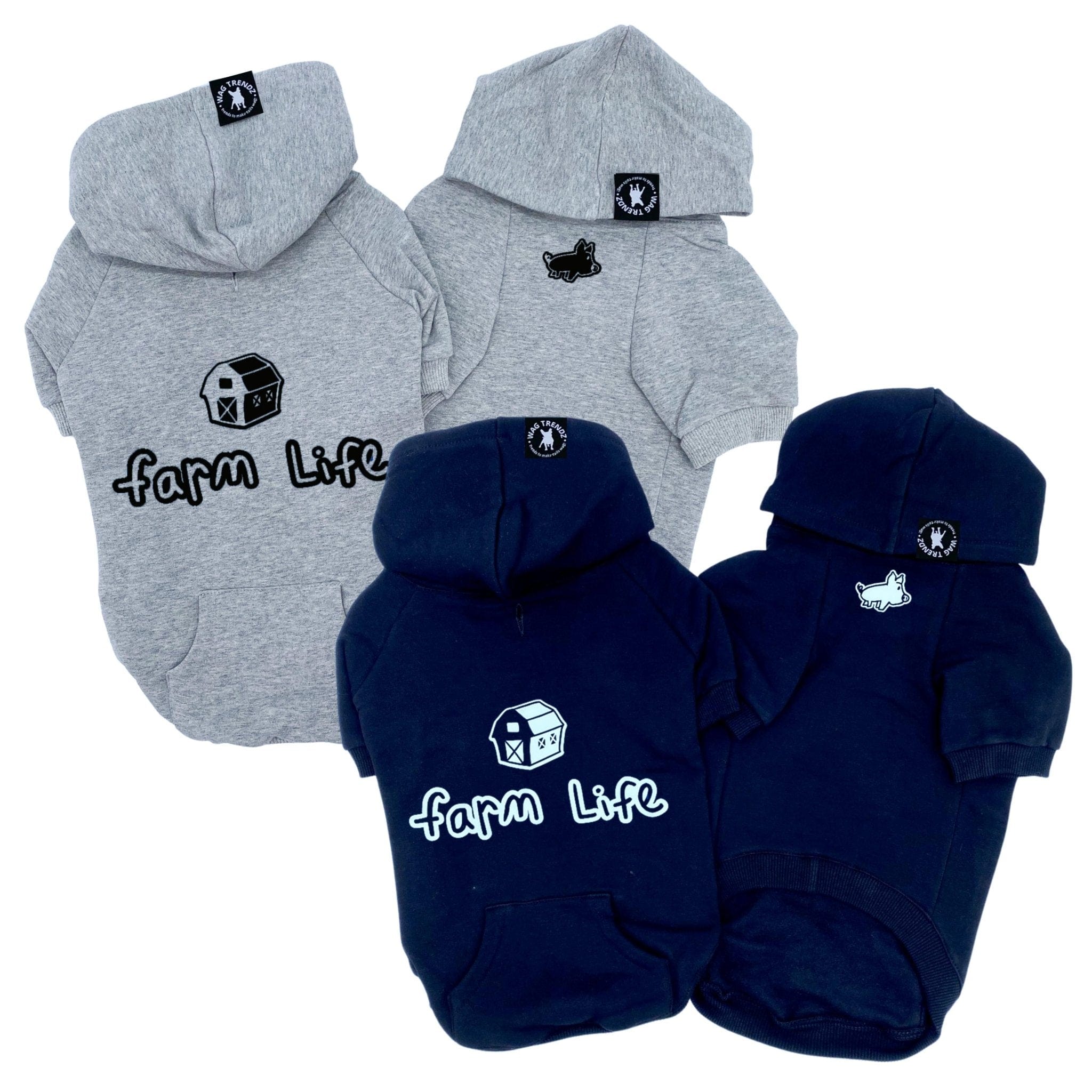 Hooded Sweatshirt For Dogs - "Farm Life" hooded sweatshirt in gray and black sets front and back views - Farm Life and barn on back and cute pig on front - against solid white background - Wag Trendz