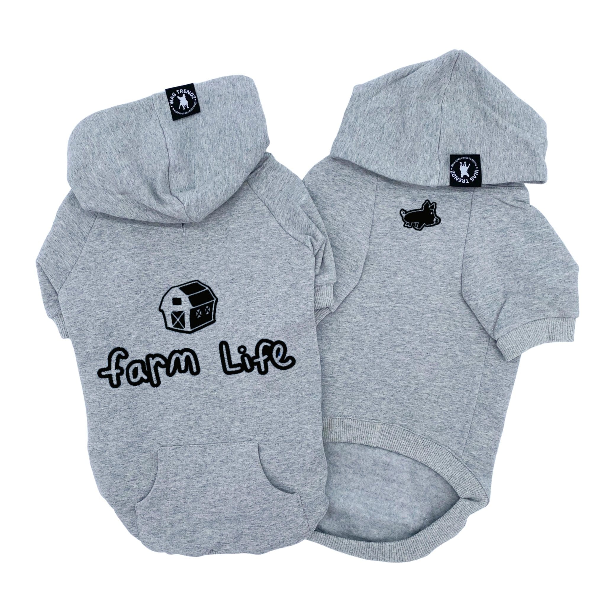 Hooded Sweatshirt For Dogs - "Farm Life" hooded sweatshirt in gray set front and back - Farm Life and barn on back and cute pig on front - against a solid white background - Wag Trendz