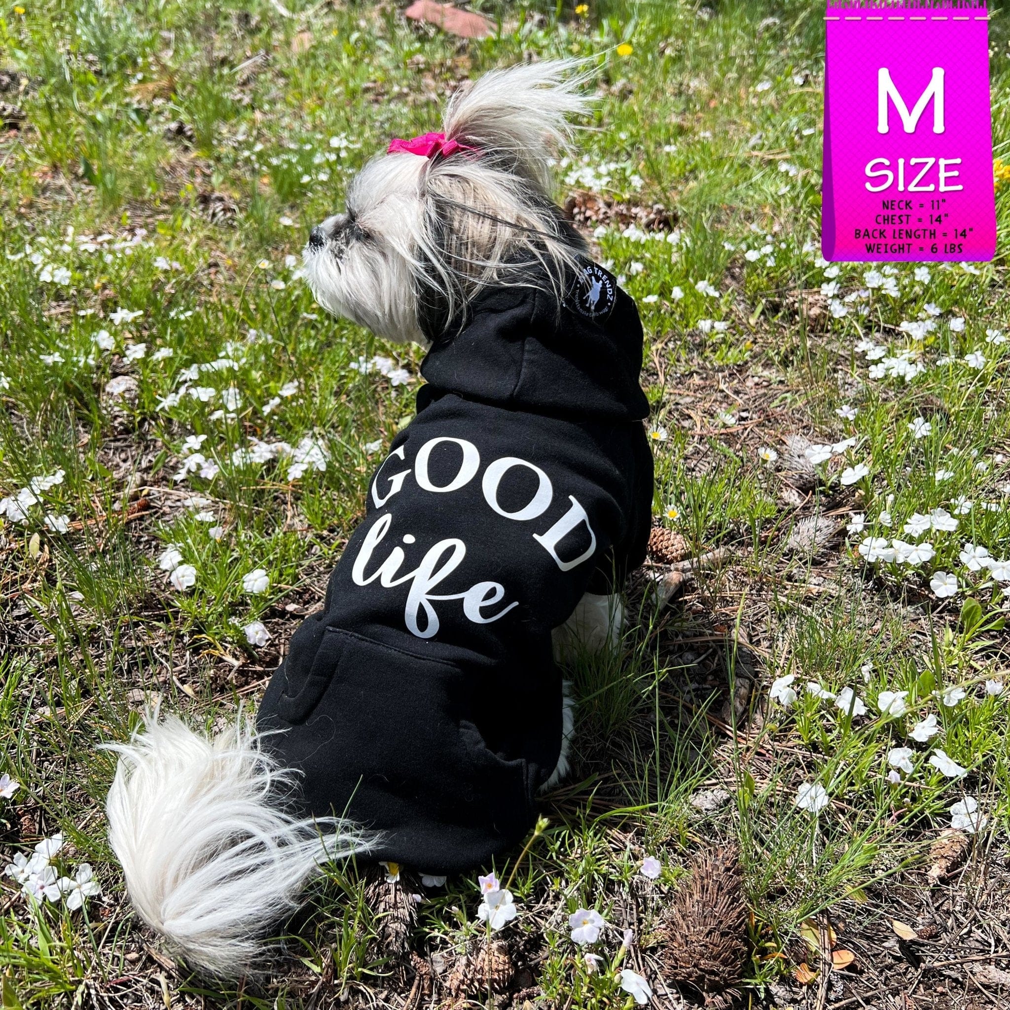 Hooded Sweatshirt For Dogs - Shih Tzu mix wearing "Good Life" hooded sweatshirt in black - back view - Good Life on the back - sitting outdoors in a grassy field - Wag Trendz