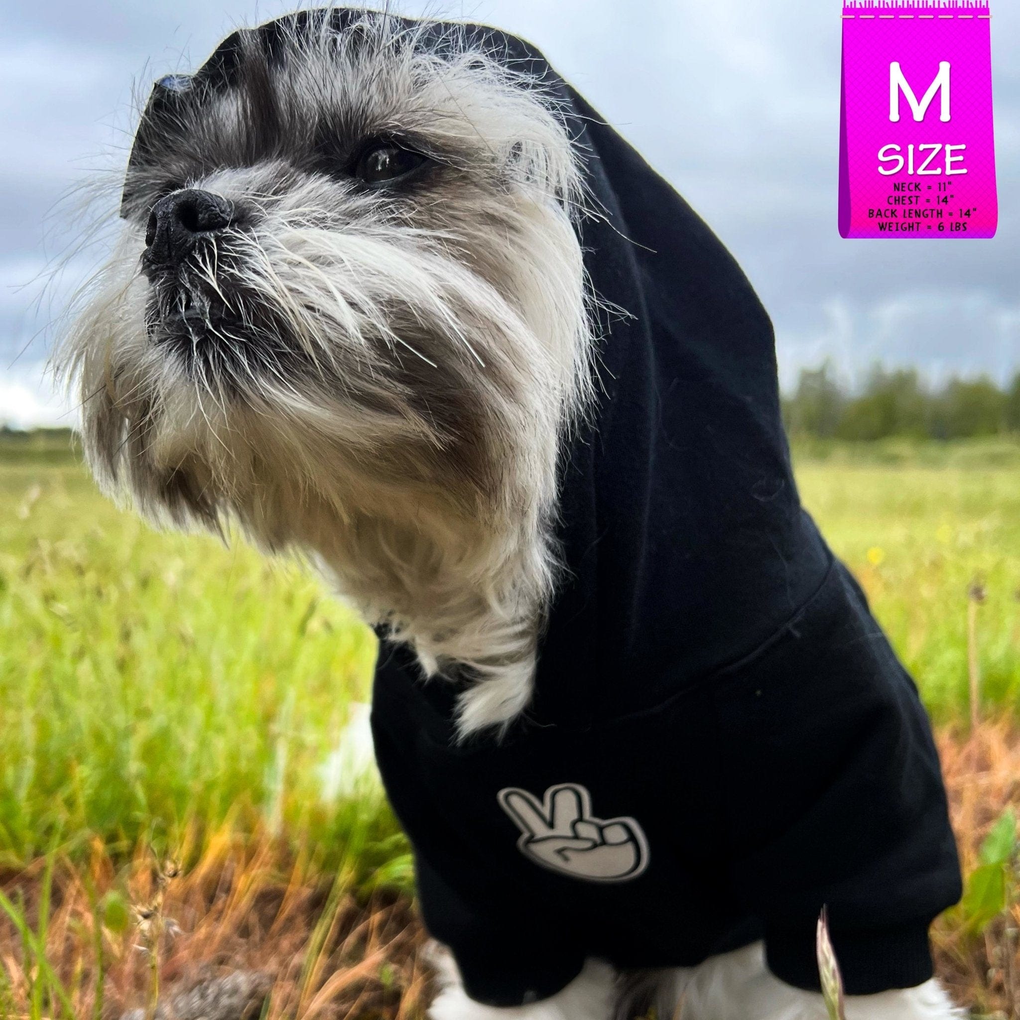 Hooded Sweatshirt For Dogs - Shih Tzu mix wearing "Good Life" hooded sweatshirt in black with hood on - front view - with white finger peace sign emoji on front - sitting outdoors in a grassy field - Wag Trendz