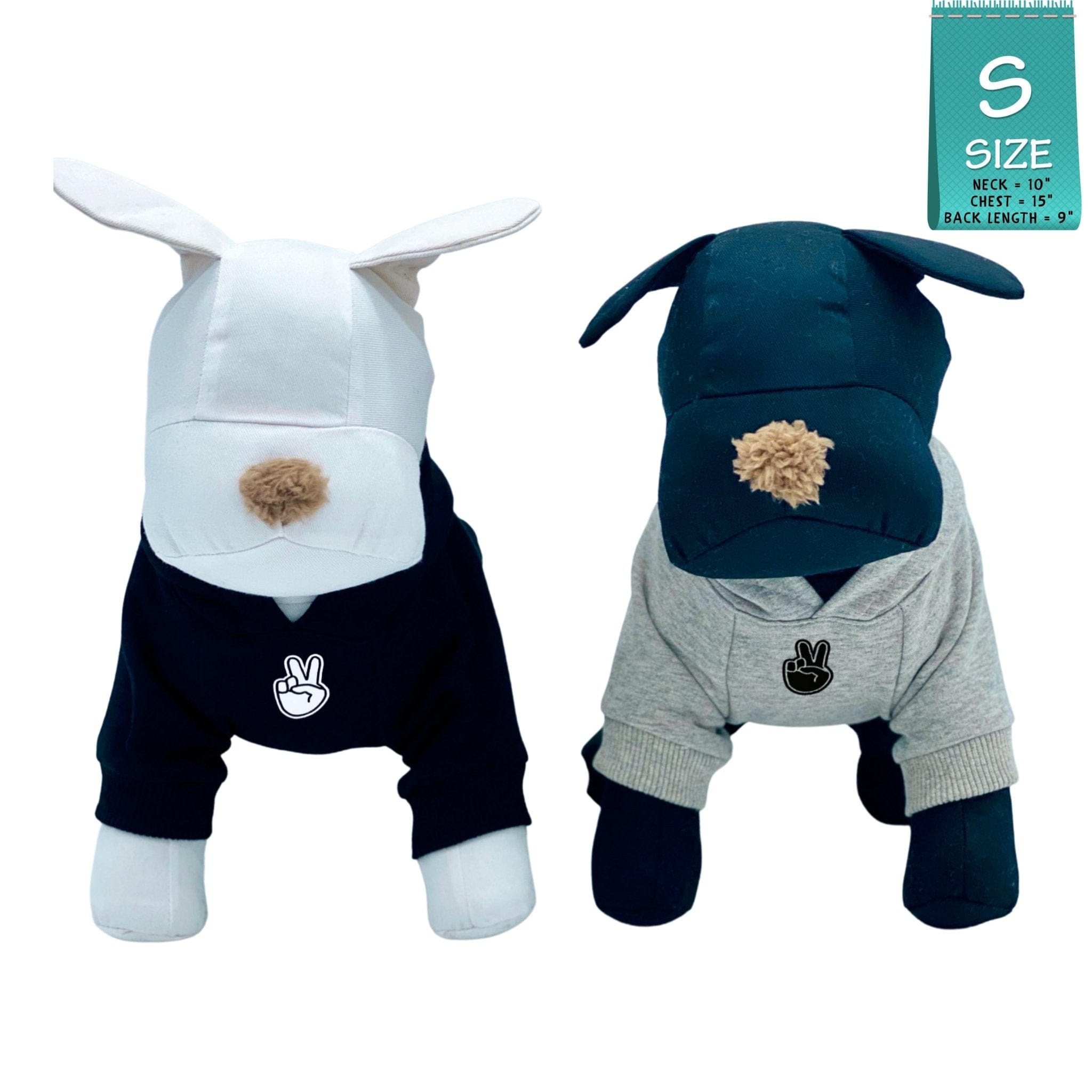 Hooded Sweatshirt For Dogs - Two stuffed dogs one black one white wearing "Good Life" hooded sweatshirt in black and gray - finger peace sign emoji on front chest - against solid white background - Wag Trendz