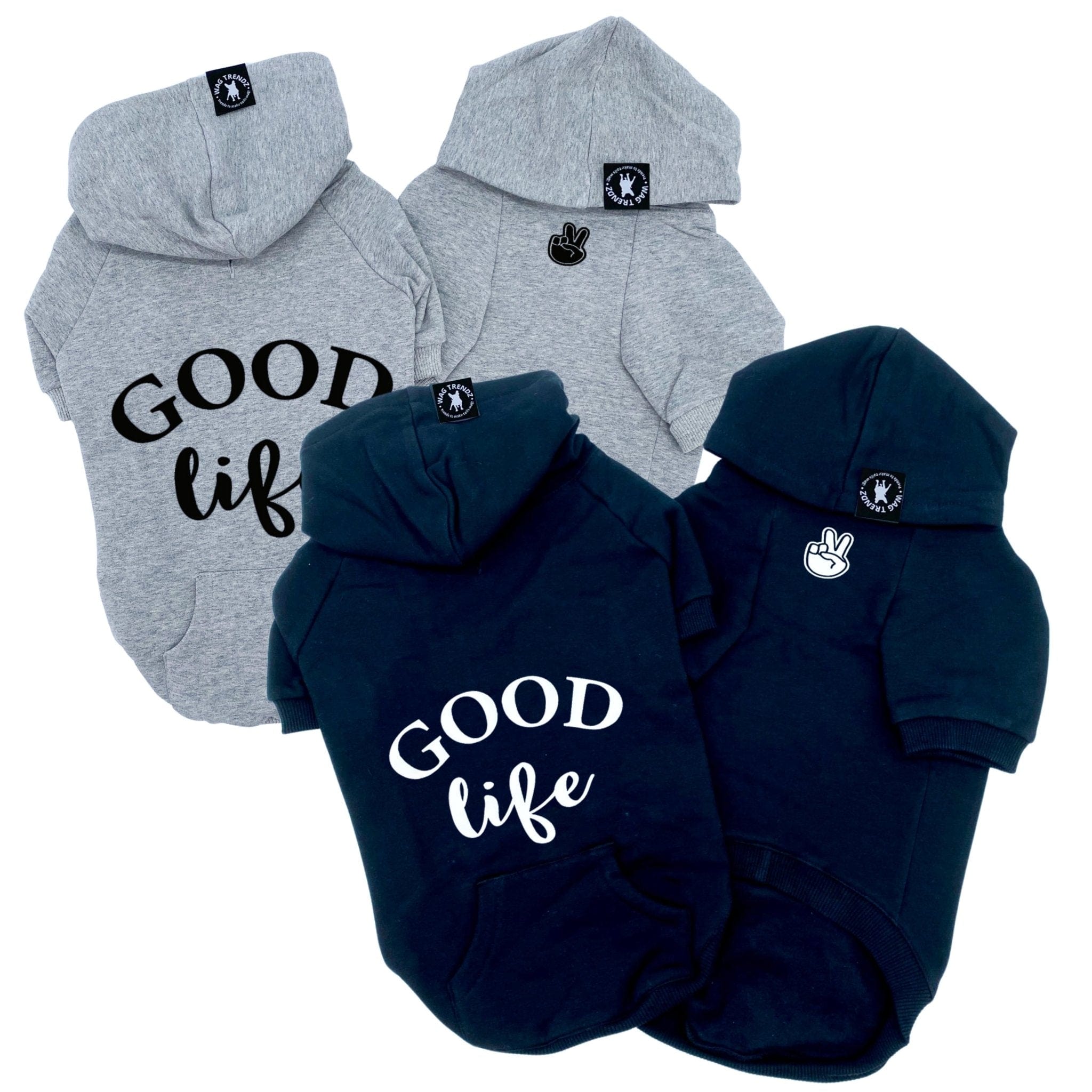Hooded Sweatshirt For Dogs - "Good Life" hooded sweatshirt in gray and black sets - Good Life on the back and finger peace sign emoji on front chest - against solid white background - Wag Trendz