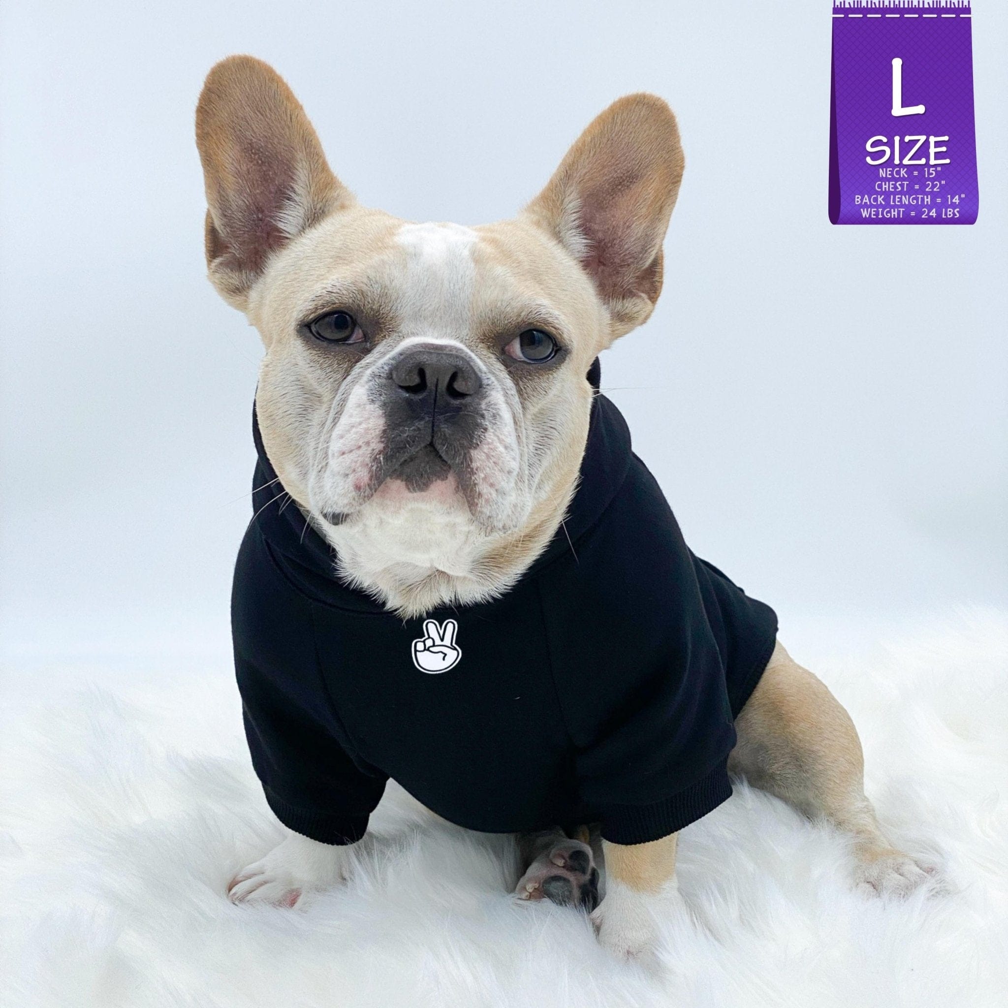 Hooded Sweatshirt For Dogs - French Bulldog wearing "Good Life" hooded sweatshirt in black - finger peace sign emoji on front chest in white - sitting down against solid white background - Wag Trendz
