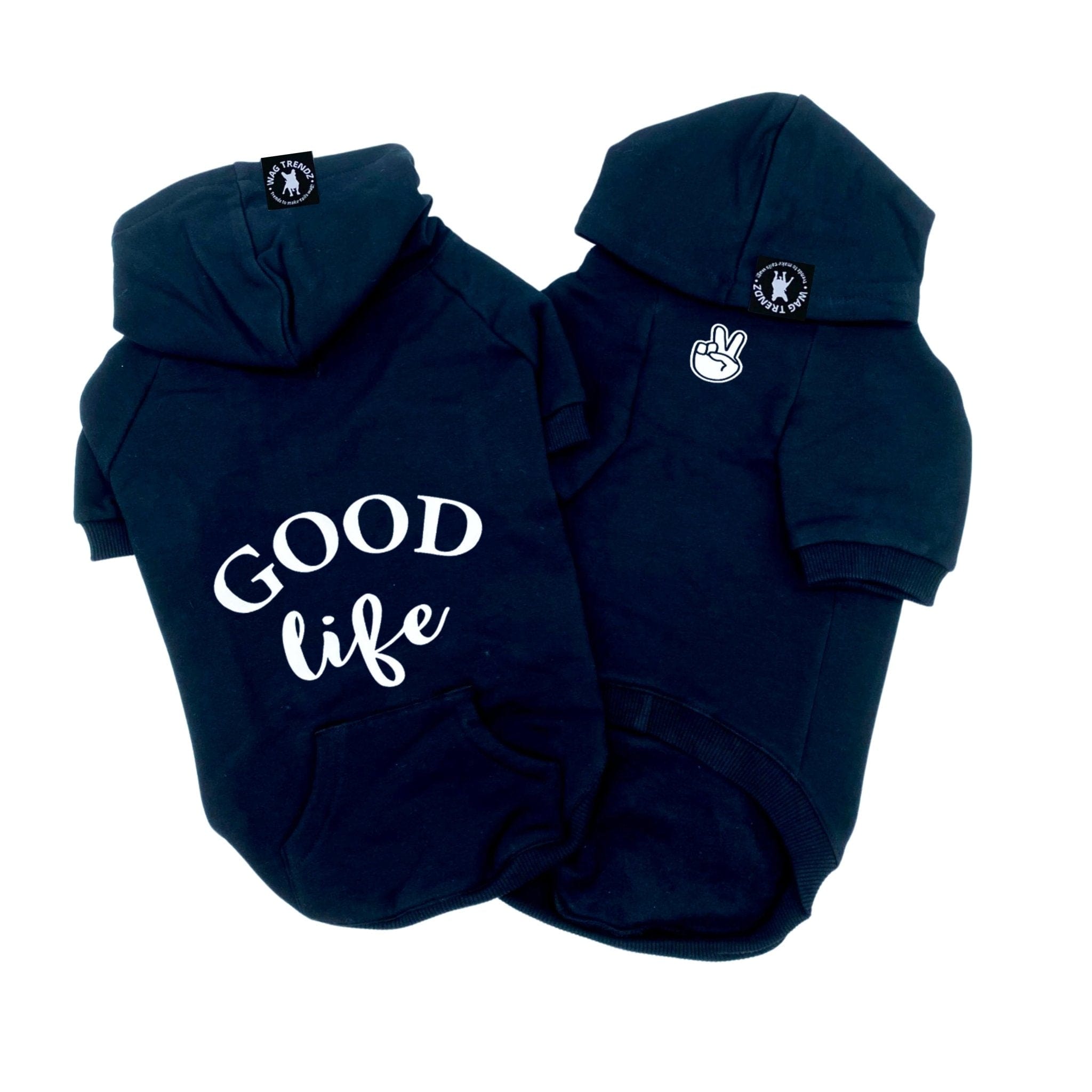 Hooded Sweatshirt For Dogs - "Good Life" hooded sweatshirt in black - Good Life on the back and finger peace sign emoji on front chest - against solid white background - Wag Trendz