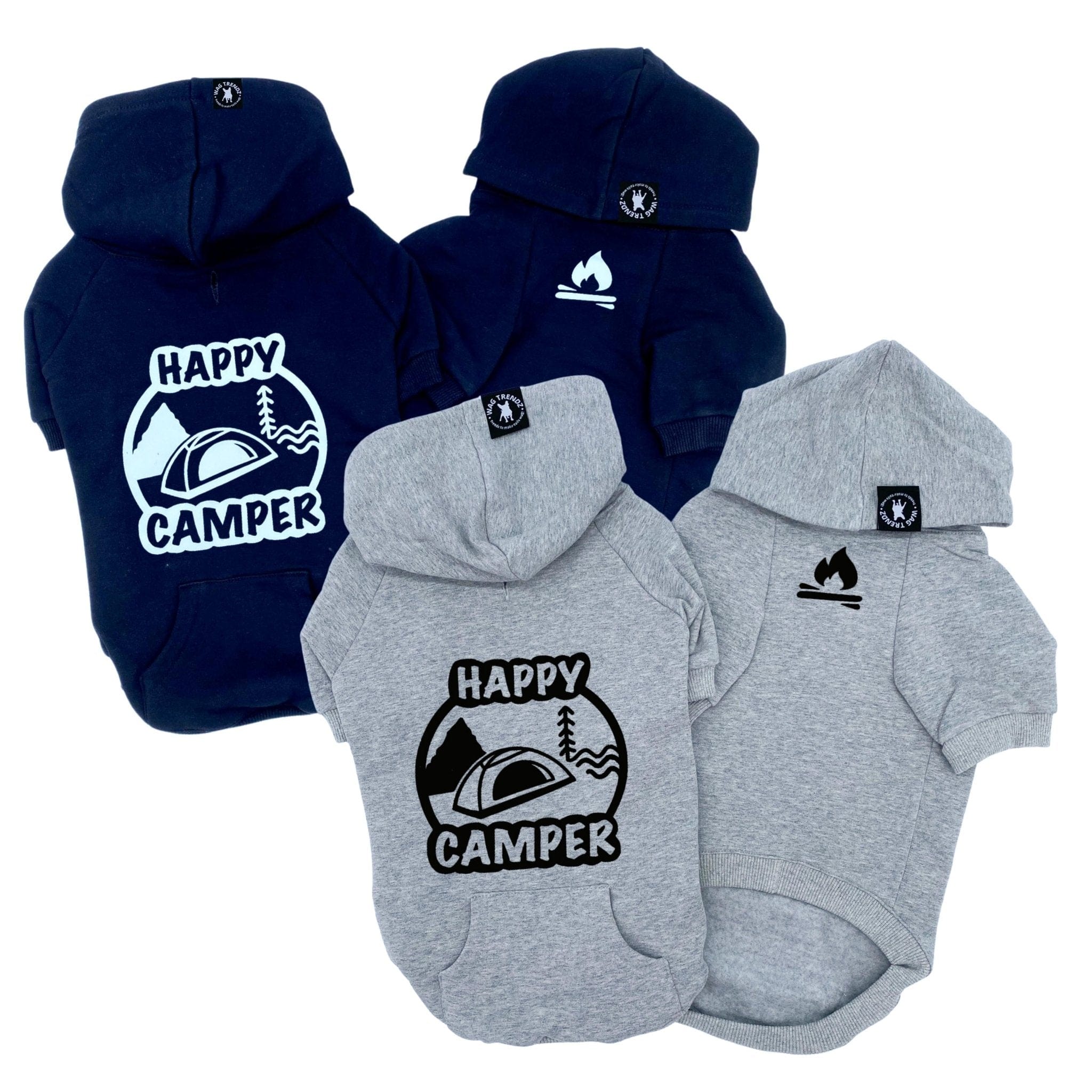 Hooded Sweatshirt For Dogs - "Happy Camper" hooded sweatshirt in black and gray sets - Happy Camper, tent, trees and stream on back and campfire emoji on front chest - against a solid white background - Wag Trendz