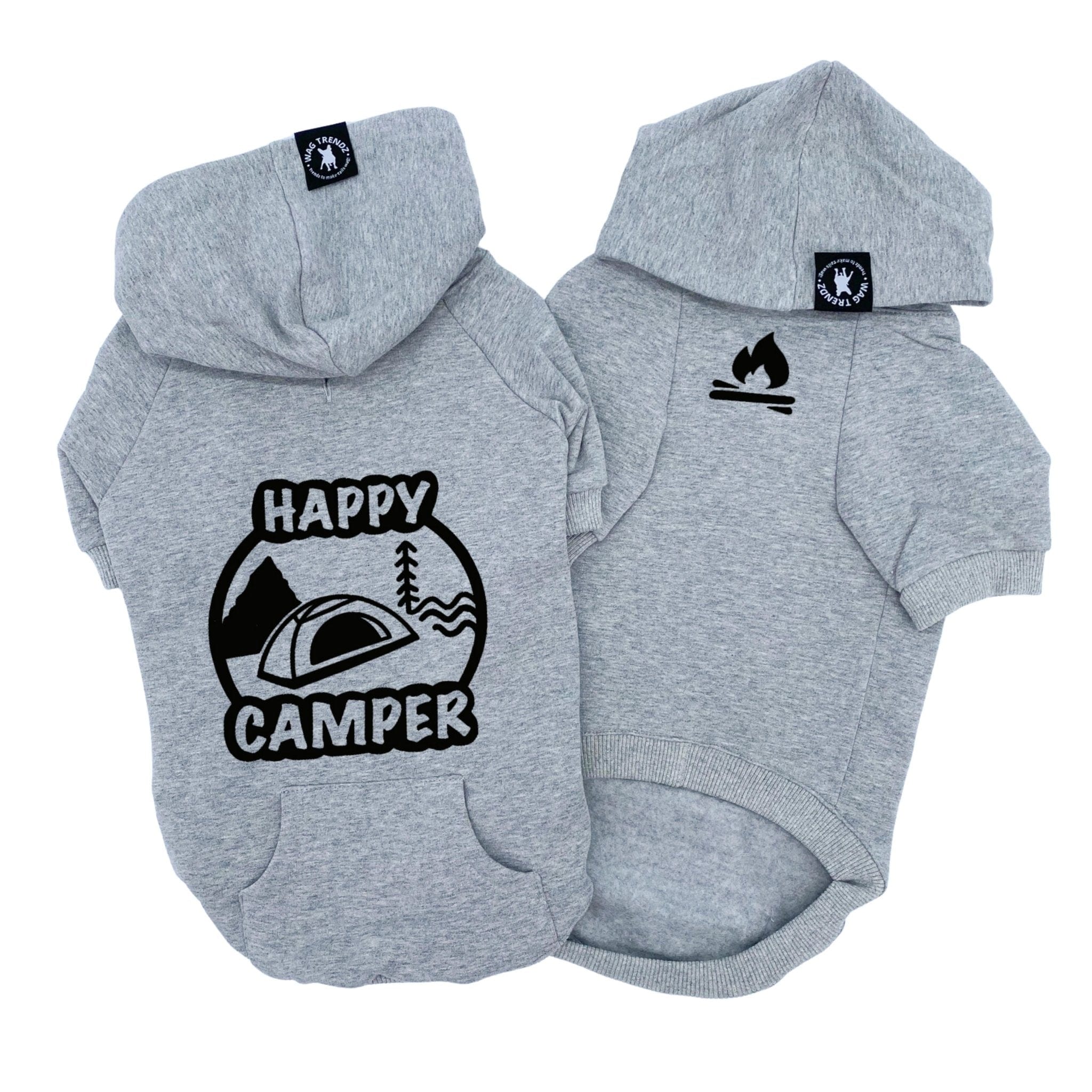 Hooded Sweatshirt For Dogs - "Happy Camper" hooded sweatshirt in gray - Happy Camper, tent, trees and stream on back and campfire emoji on front chest - against a solid white background - Wag Trendz