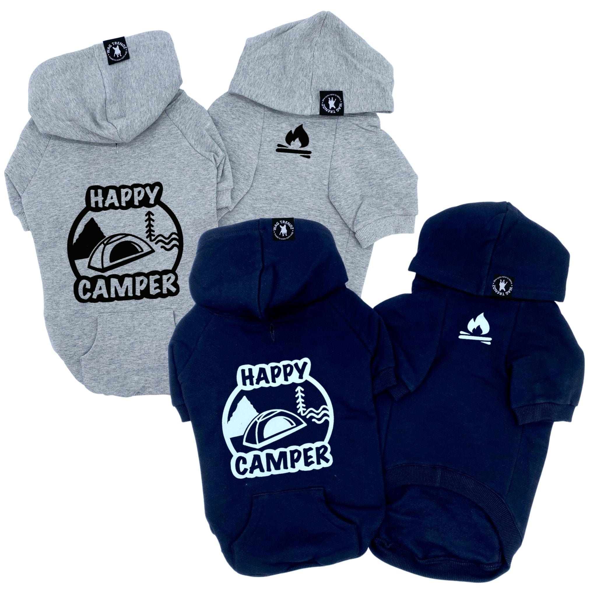 Hooded Sweatshirt For Dogs - "Happy Camper" hooded sweatshirt in gray and black sets - Happy Camper, tent, trees and stream on back and campfire emoji on front chest - against a solid white background - Wag Trendz