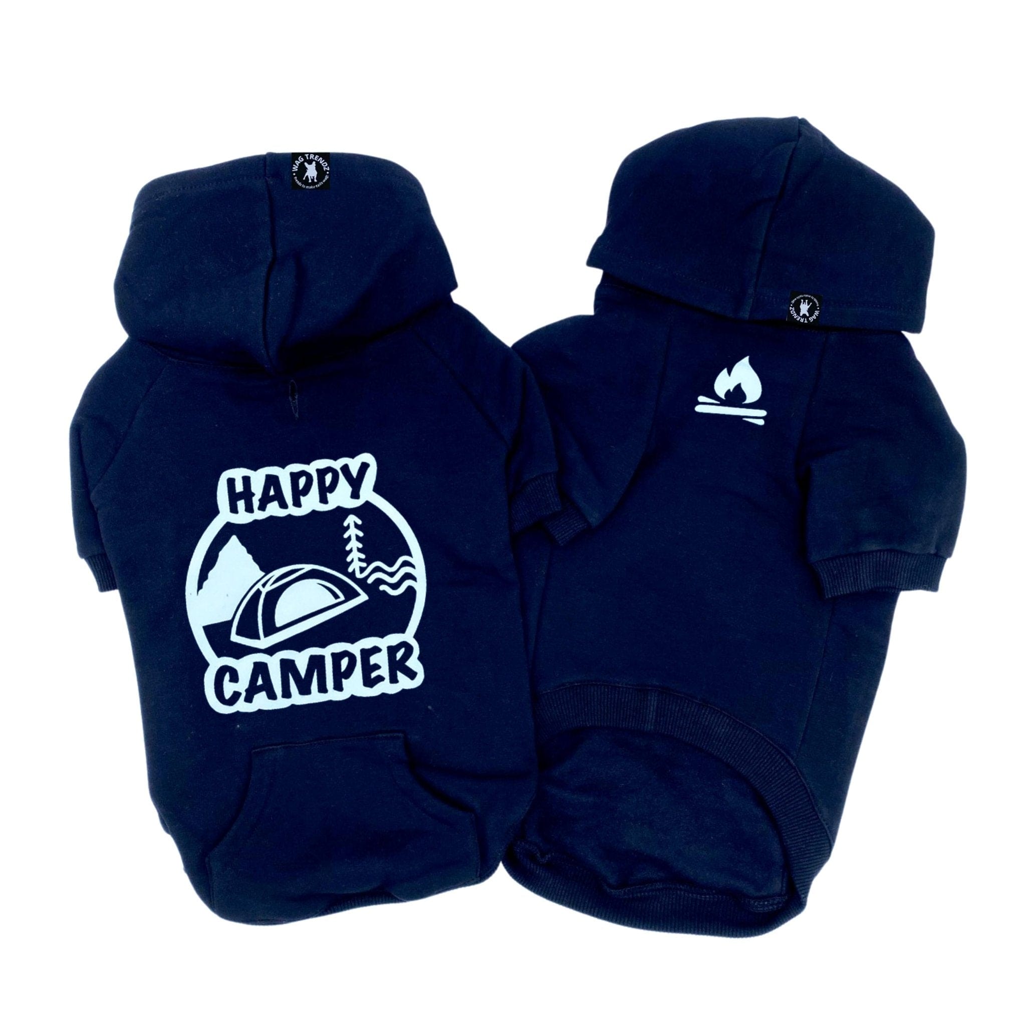 Hooded Sweatshirt For Dogs - "Happy Camper" hooded sweatshirt in black - Happy Camper, tent, trees and stream on back and campfire emoji on front chest - against a solid white background - Wag Trendz