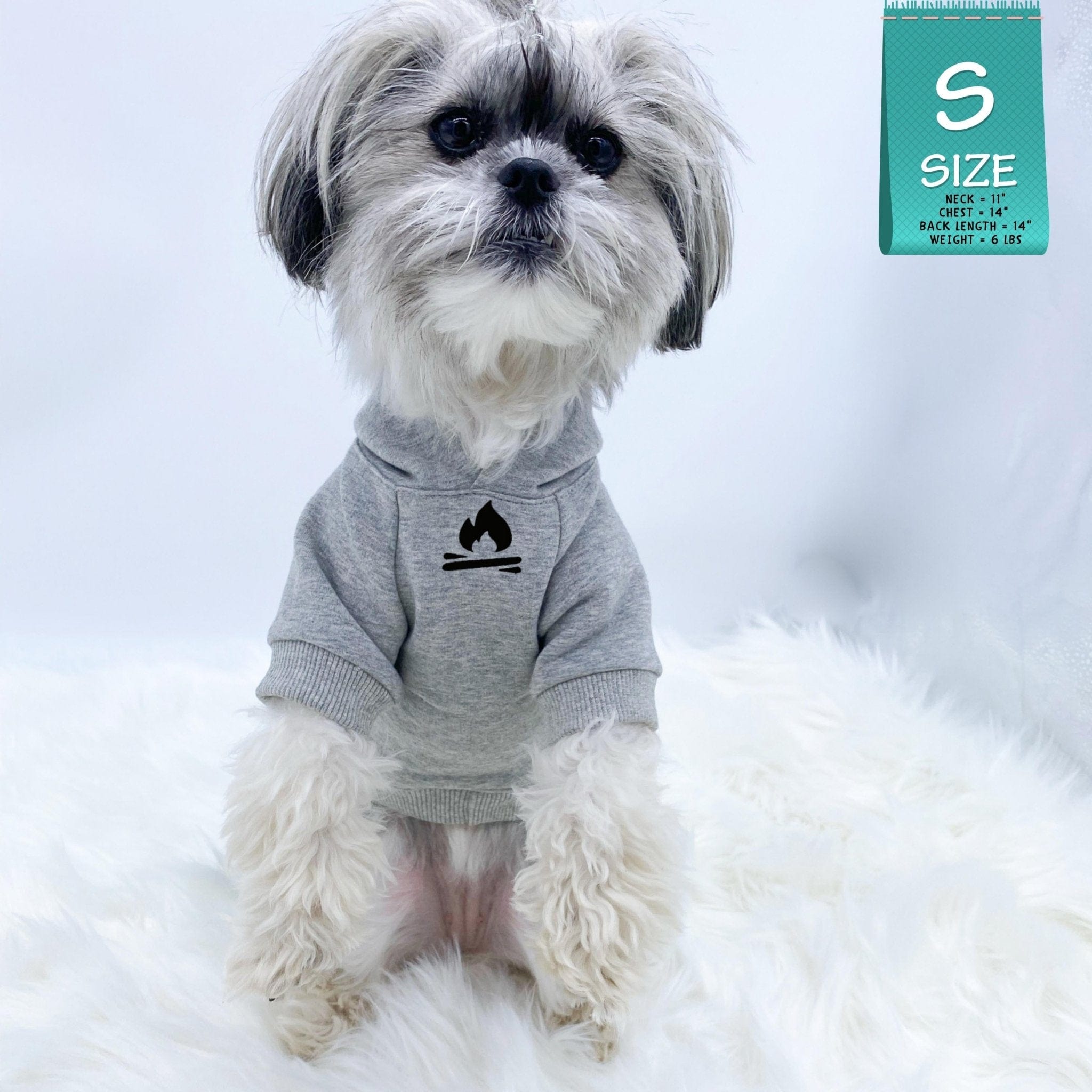 Hooded Sweatshirt For Dogs - mix breed dog wearing "Happy Camper" hooded sweatshirt in gray in a begging position - campfire emoji on front chest - against solid white background - Wag Trendz