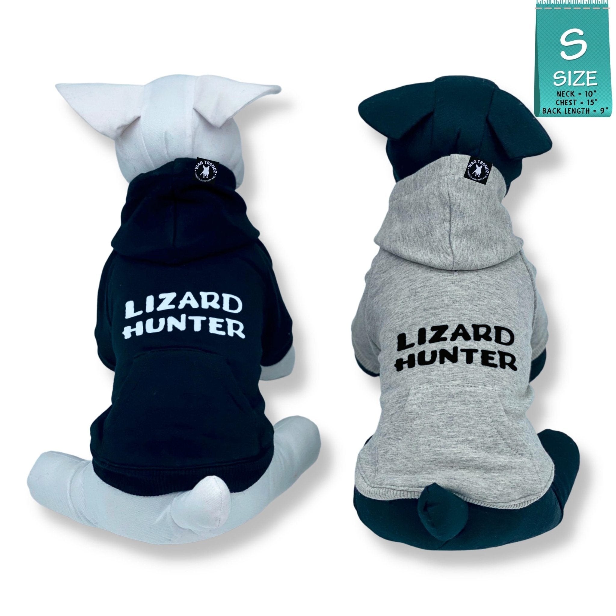 Hooded Sweatshirt For Dogs - Two stuffed dogs one black one white "Lizard Hunter" hooded sweatshirts in gray and black - back views has Lizard Hunter - against solid white background - Wag Trendz