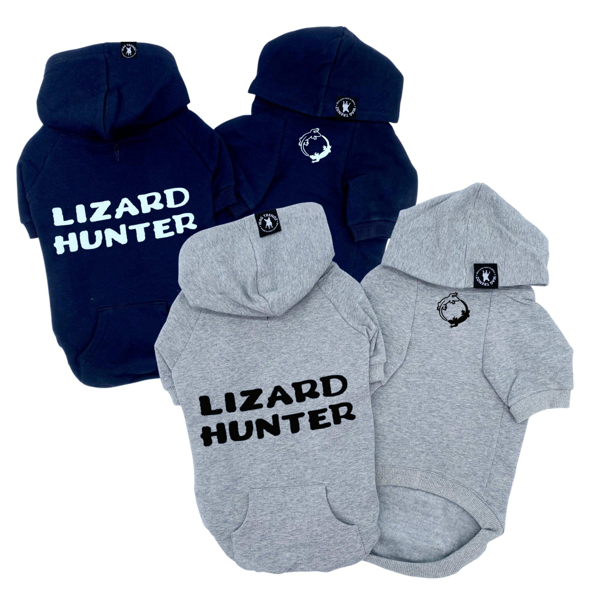 Hooded Sweatshirt For Dogs - "Lizard Hunter" hooded sweatshirt in gray and black sets - back has Lizard Hunter and front has two lizards emoji making a circle - against solid white background - Wag Trendz