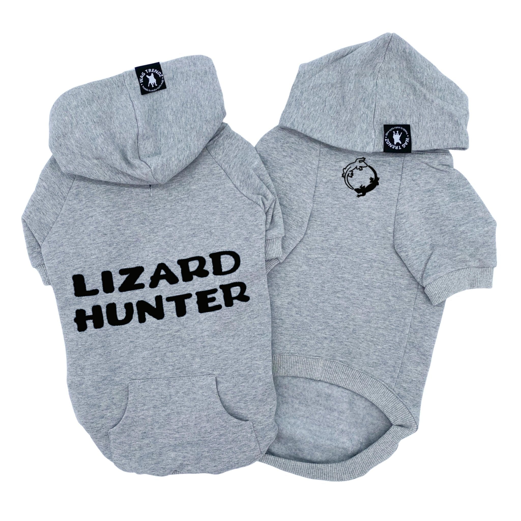 Hooded Sweatshirt For Dogs - "Lizard Hunter" hooded sweatshirt in gray set - back has Lizard Hunter and front has two lizards emoji making a circle - against solid white background - Wag Trendz