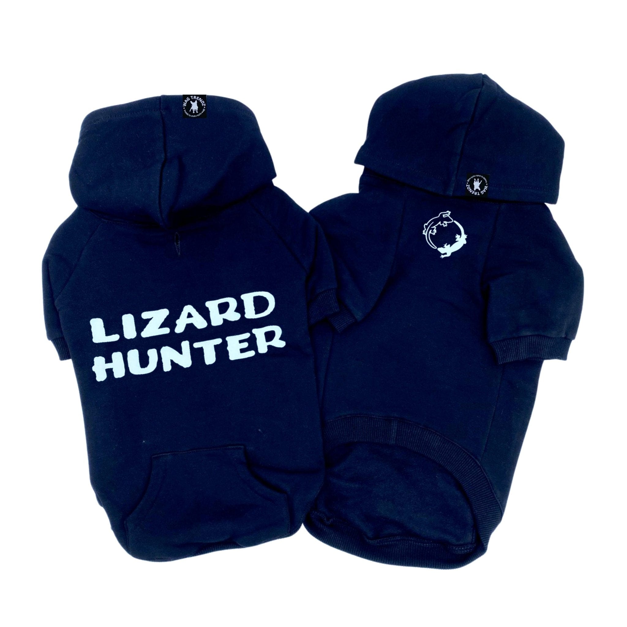 Hooded Sweatshirt For Dogs - "Lizard Hunter" hooded sweatshirt in black set - back has Lizard Hunter and front has two lizards emoji making a circle - against solid white background - Wag Trendz