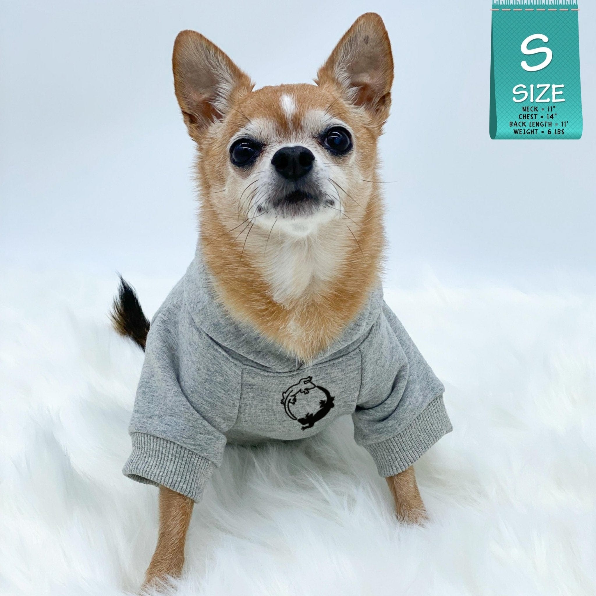 Hooded Sweatshirt For Dogs - Chihuahua wearing "Lizard Hunter" hooded sweatshirt in gray and black sets - front chest has two lizards emoji making a circle - against solid white background - Wag Trendz