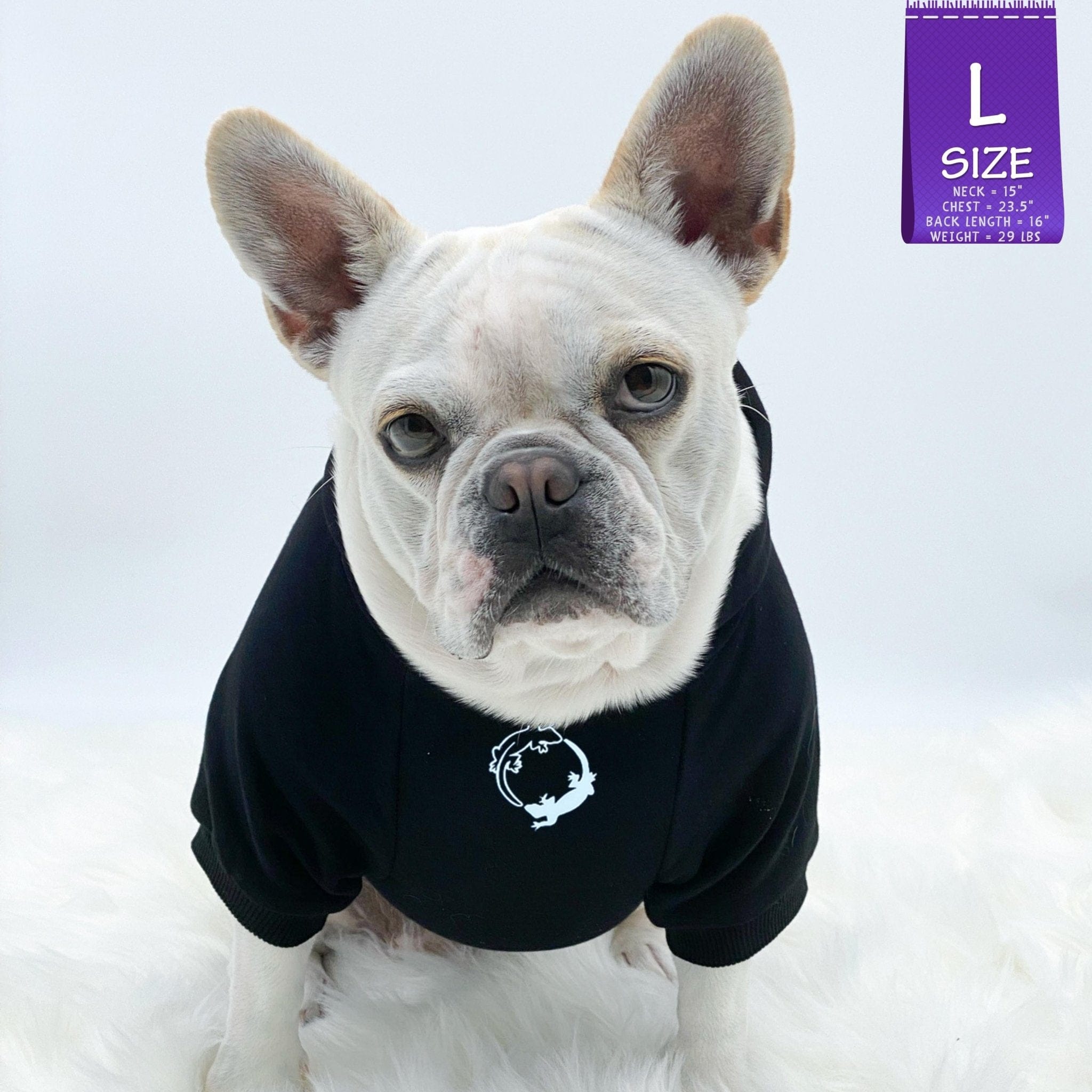 Hooded Sweatshirt For Dogs - French Bulldog wearing "Lizard Hunter" hooded sweatshirt in black - front chest has two lizards emoji making a circle - against solid white background - Wag Trendz