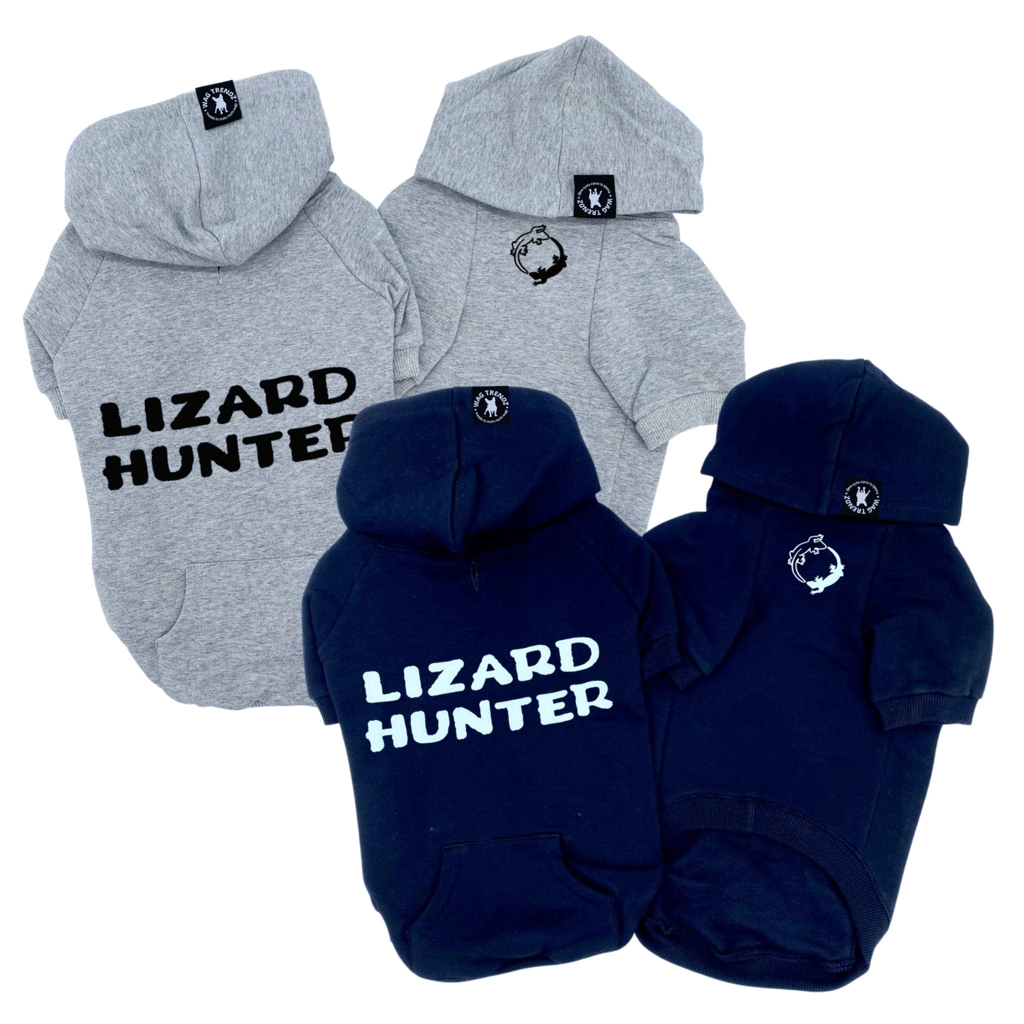 Hooded Sweatshirt For Dogs - "Lizard Hunter" hooded sweatshirt in black and gray sets - back has Lizard Hunter and front has two lizards emoji making a circle - against solid white background - Wag Trendz