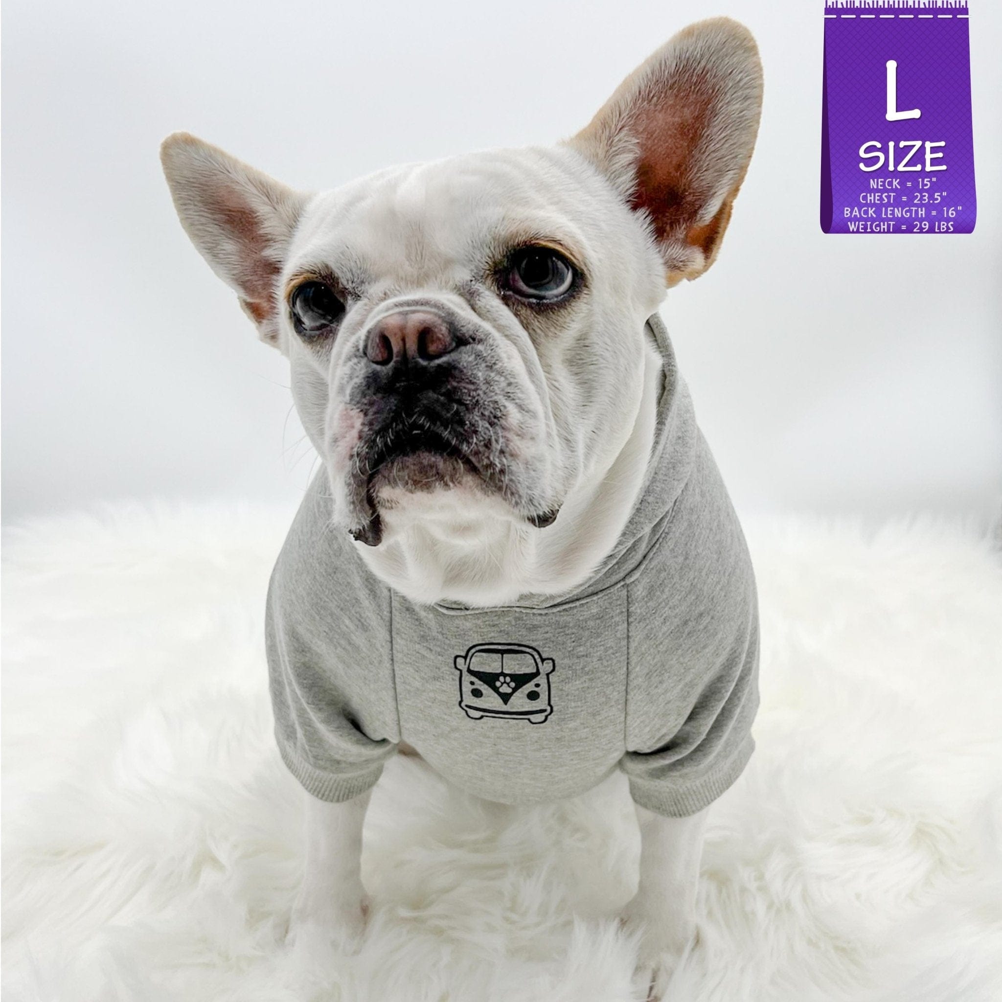 Hooded Sweatshirt For Dogs - French Bulldog wearing "Road Trip" hooded sweatshirt with license plate design in gray - Volkswagen Bus with paw print emoji on front chest - against solid white background - Wag Trendz