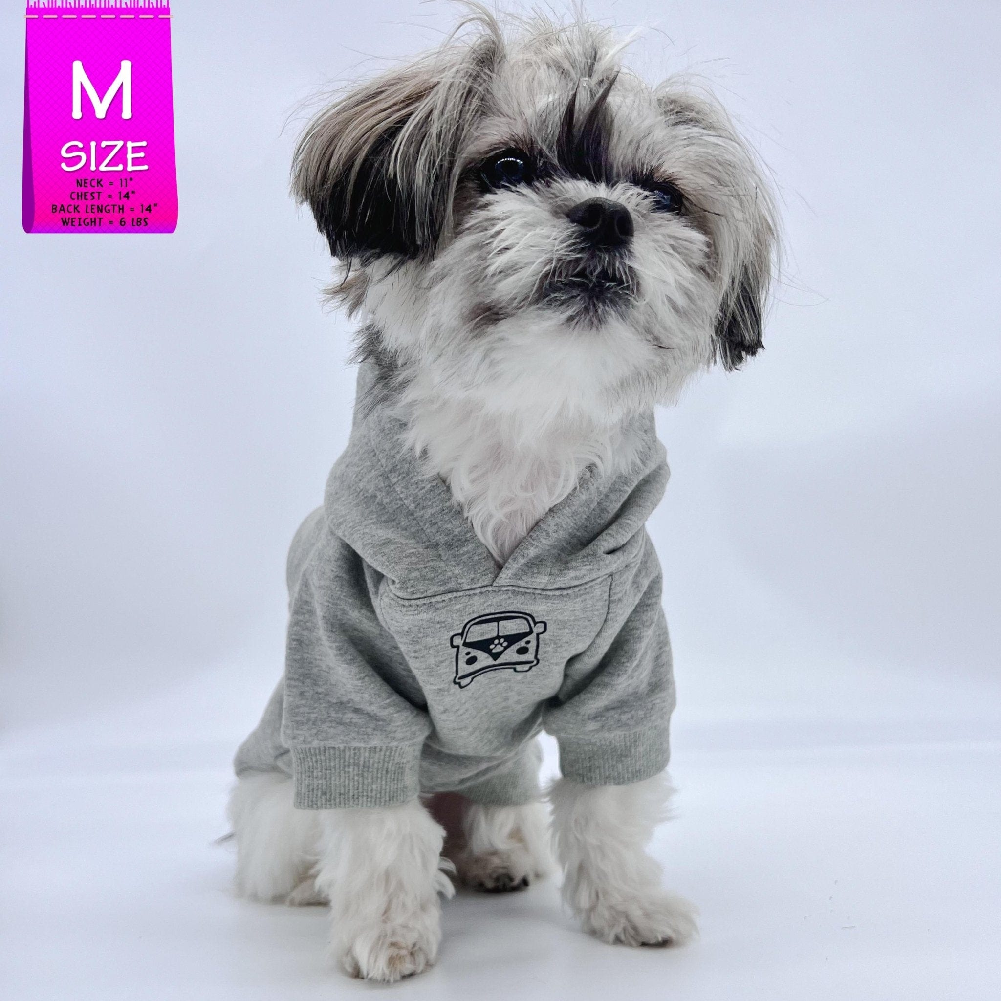 Hooded Sweatshirt For Dogs - Shih Tzu mix wearing "Road Trip" hooded sweatshirt with License Plate design in gray - Volkswagen Bus with paw print emoji on front chest - against solid white background - Wag Trendz