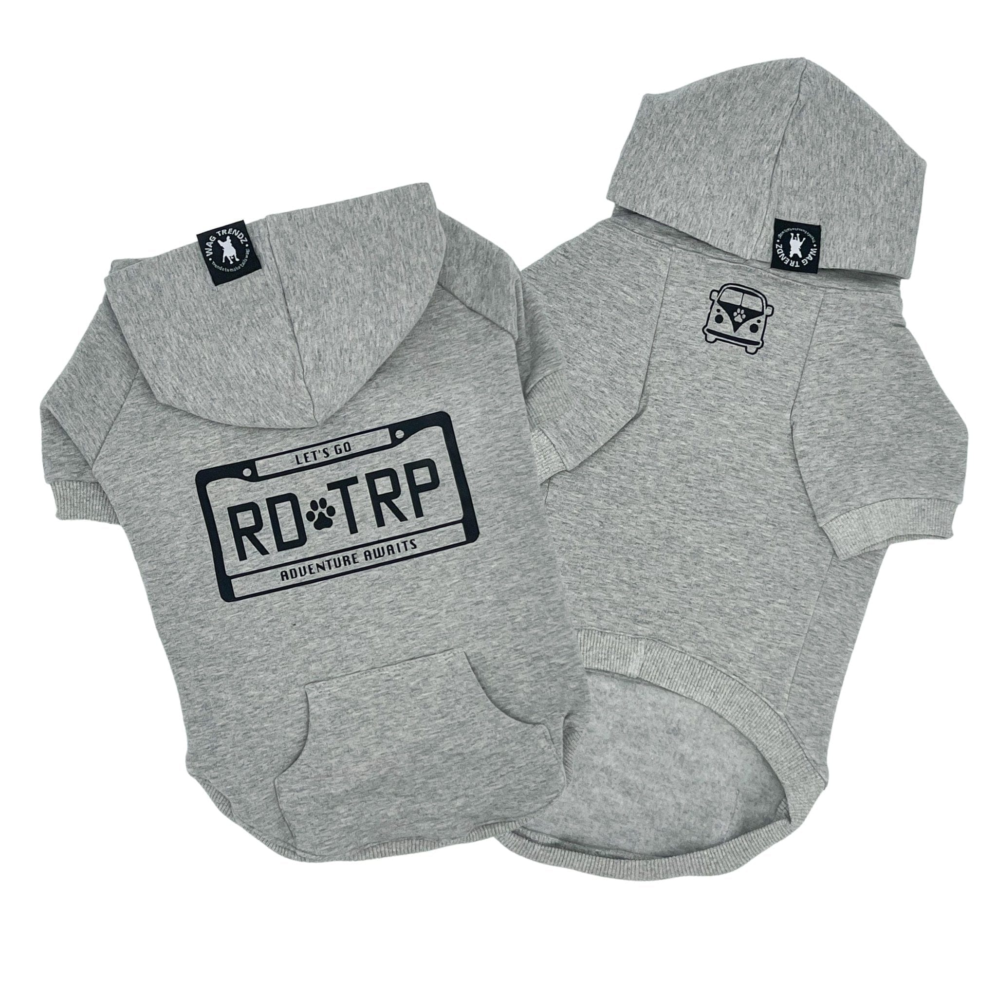 Hooded Sweatshirt For Dogs - "Road Trip" hooded sweatshirt with license plate design in gray set - Volkswagen Bus with paw print emoji on front chest - against solid white background - Wag Trendz
