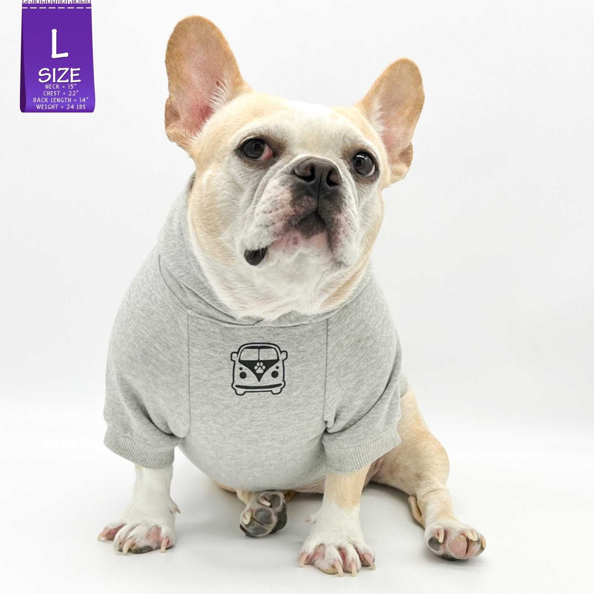 Hooded Sweatshirt For Dogs - French Bulldog wearing "Road Trip" hooded sweatshirt License Plate design in gray - Volkswagen Bus with paw print emoji on front chest - against solid white background - Wag Trendz