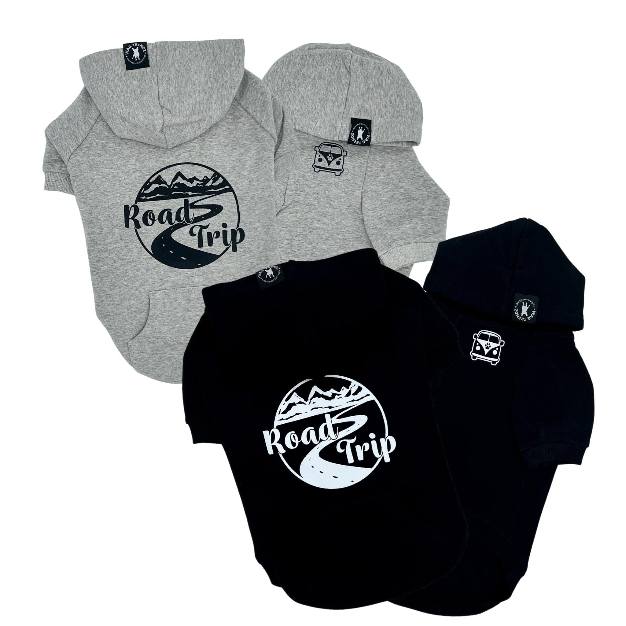Hooded Sweatshirt For Dogs - "Road Trip" hooded sweatshirt in mountain design in gray & black sets - Volkswagen Bus with paw print emoji on front chest - against solid white background - Wag Trendz