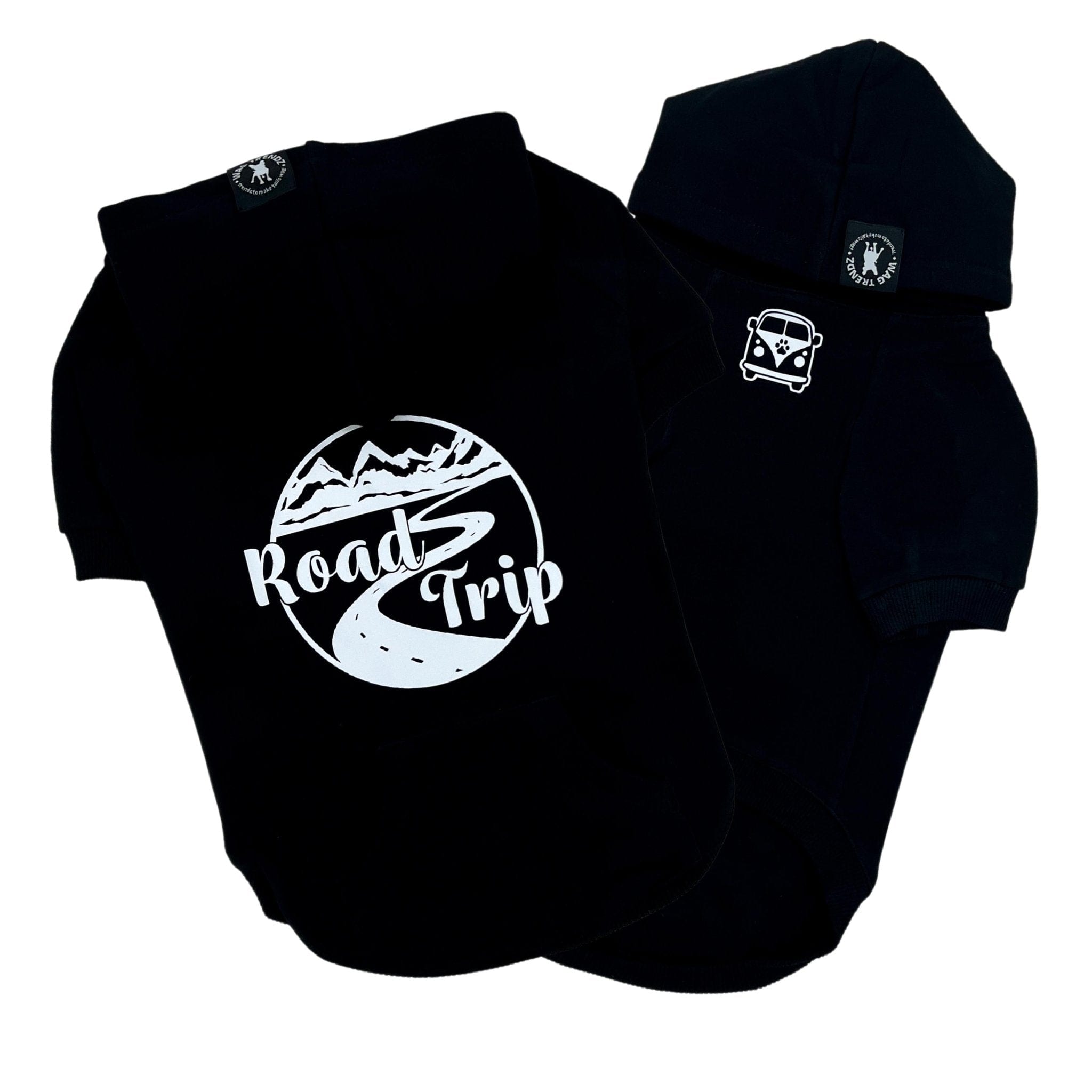 Hooded Sweatshirt For Dogs - "Road Trip" hooded sweatshirt with mountain design in black set - Volkswagen Bus with paw print emoji on front chest - against solid white background - Wag Trendz