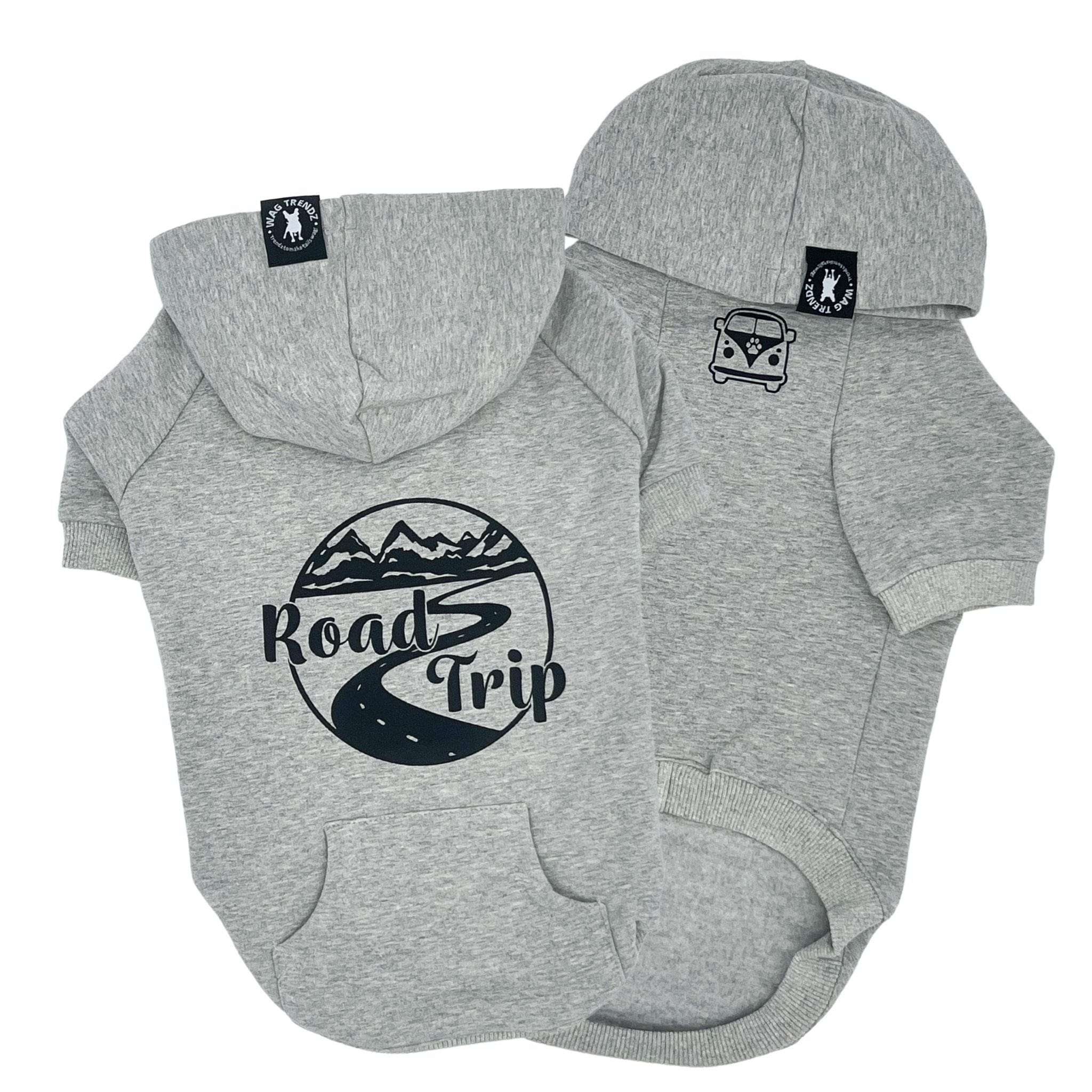 Hooded Sweatshirt For Dogs - "Road Trip" hooded sweatshirt with mountain design in gray set - Volkswagen Bus with paw print emoji on front chest - against solid white background - Wag Trendz