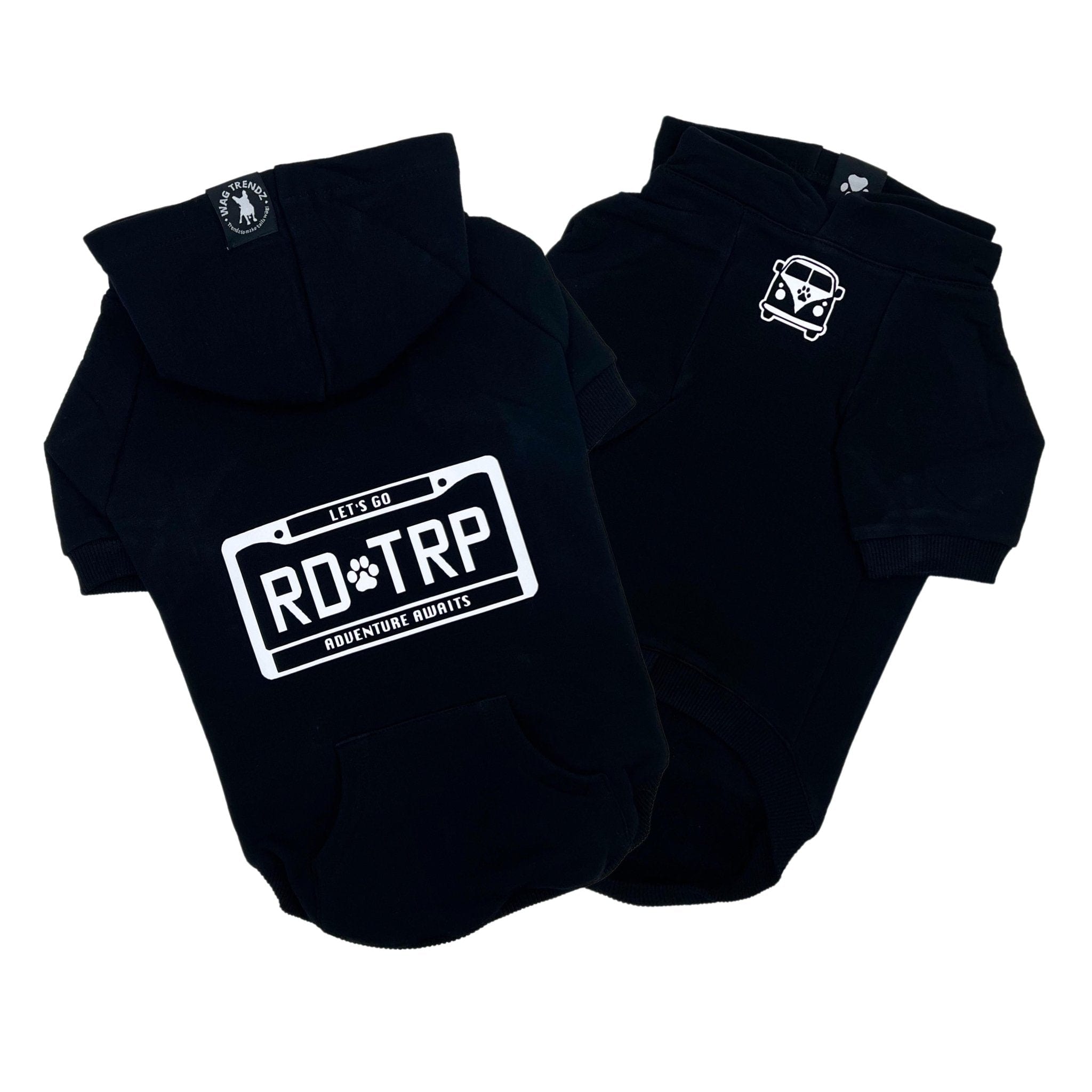 Hooded Sweatshirt For Dogs - "Road Trip" Hooded Sweatshirt with License Plate design in black set - Volkswagen Bus with paw print emoji on front chest - against solid white background - Wag Trendz