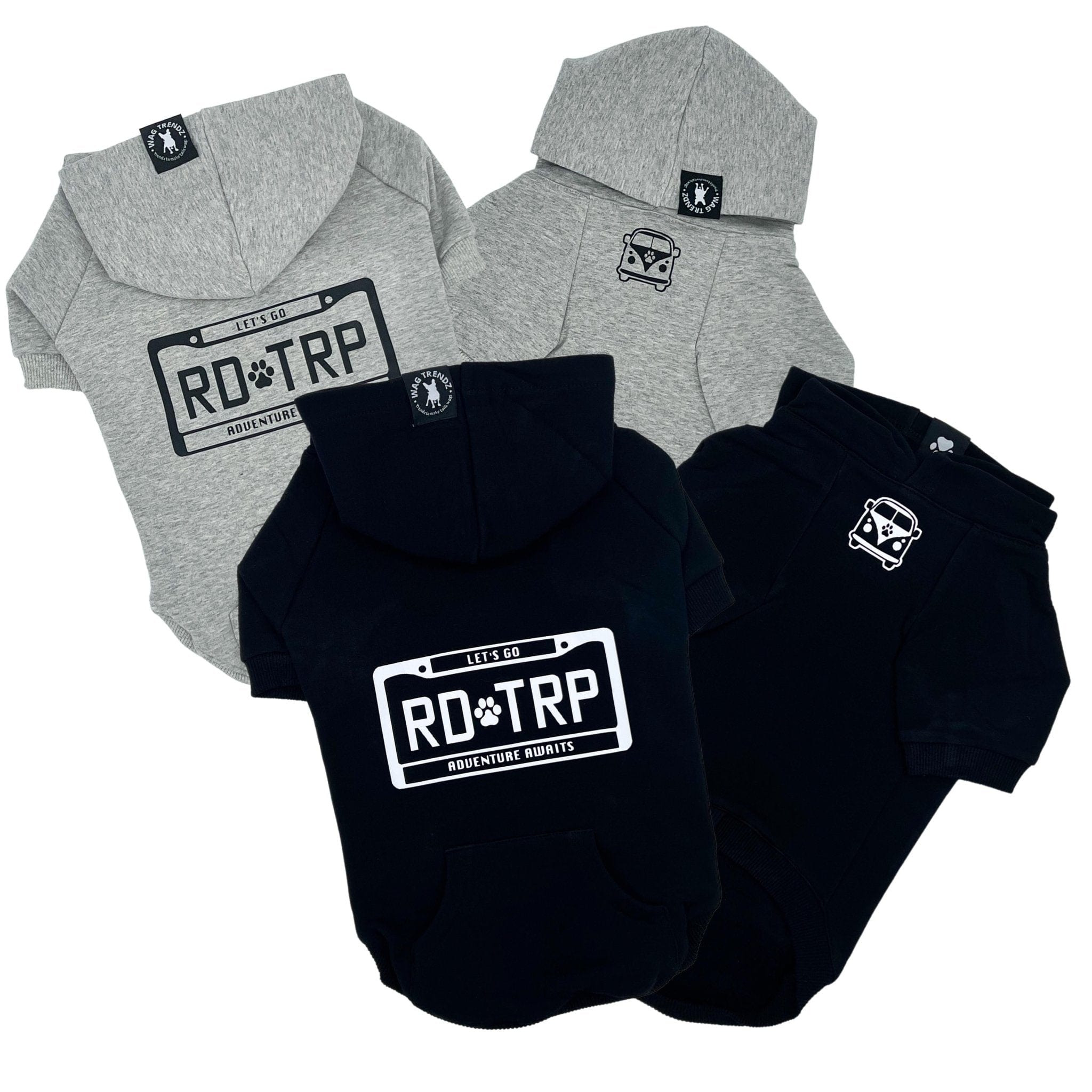 Hooded Sweatshirt For Dogs - "Road Trip" hooded sweatshirt license plate design in gray & black sets - Volkswagen Bus with paw print emoji on front chest - against solid white background - Wag Trendz