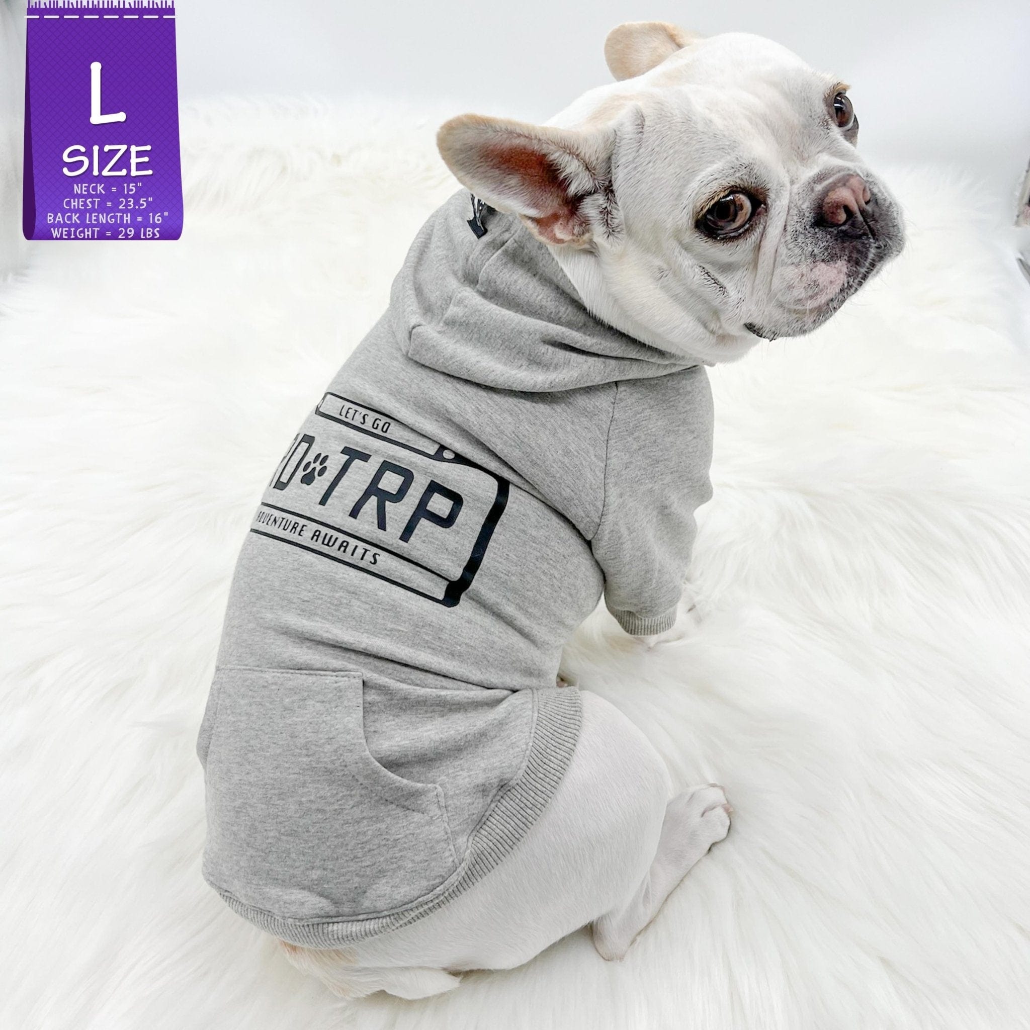 Hooded Sweatshirt For Dogs - French Bulldog wearing "Road Trip" hooded sweatshirt with license plate design in gray - back view against solid white background - Wag Trendz