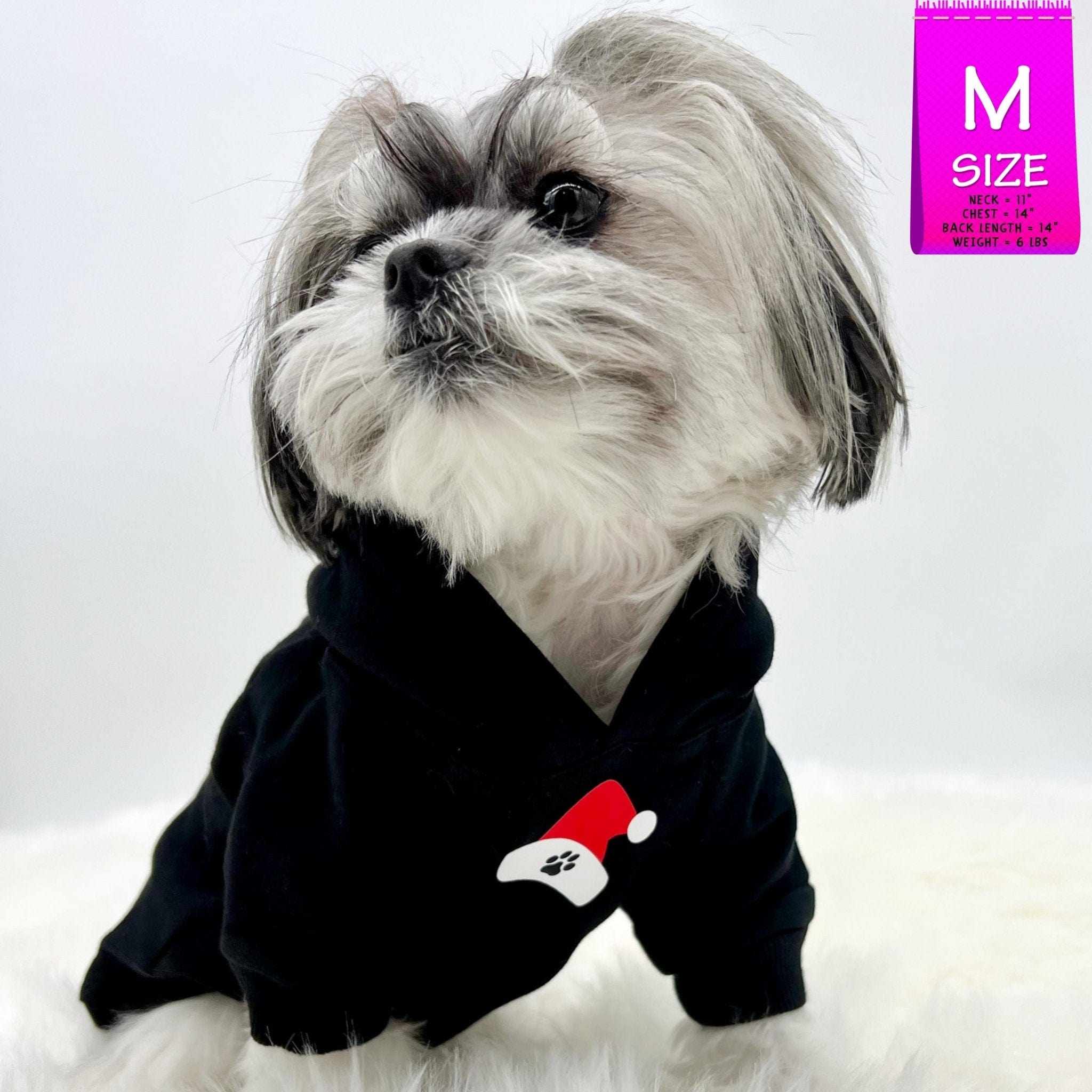 Hooded Sweatshirt For Dogs - Shih Tzu wearing "Santa Paws" hooded sweatshirt in black - front view with red and white santa hat emoji with black paw print - against solid white background - Wag Trendz