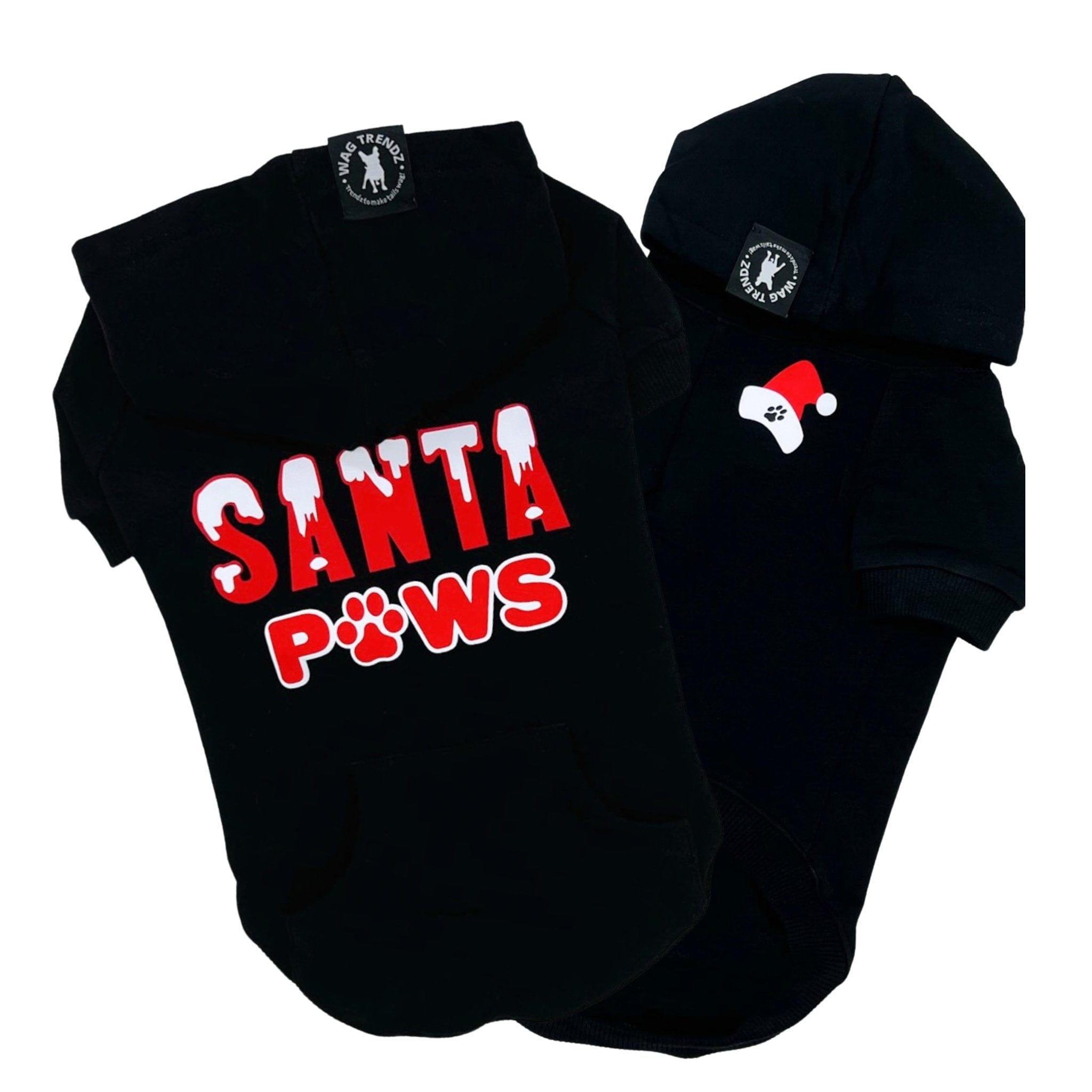 Hooded Sweatshirt For Dogs - "Santa Paws" hooded sweatshirt in black - back view is snow capped red and white SANTA letters with paws in red and white spelled with a paw - front view with red and white Santa hat emoji with black paw print- against solid white background - Wag Trendz