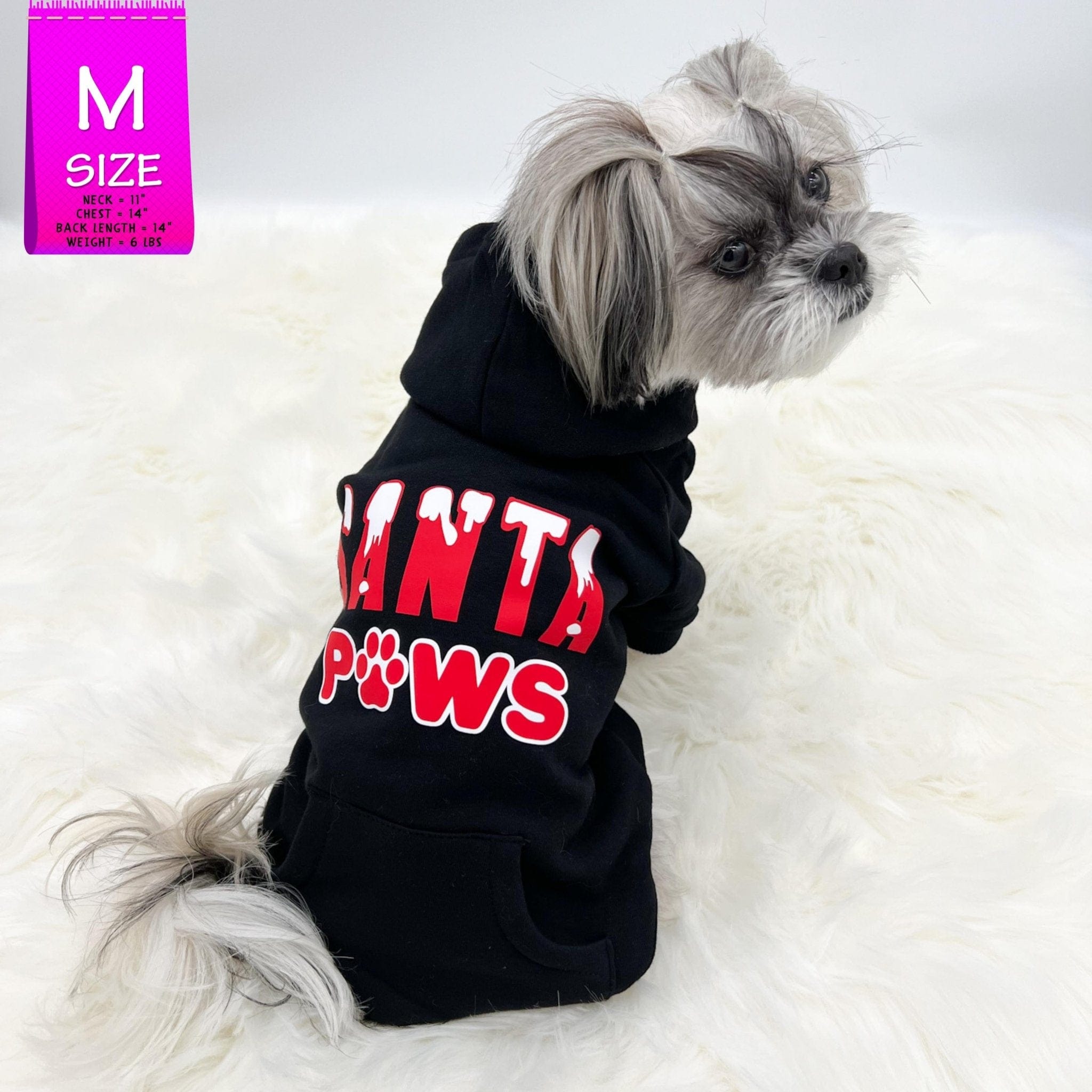 Hooded Sweatshirt For Dogs - Shih Tzu wearing "Santa Paws" hooded sweatshirt in black - back view is snow capped red and white SANTA letters with paws in red and white spelled with a paw - against solid white background - Wag Trendz
