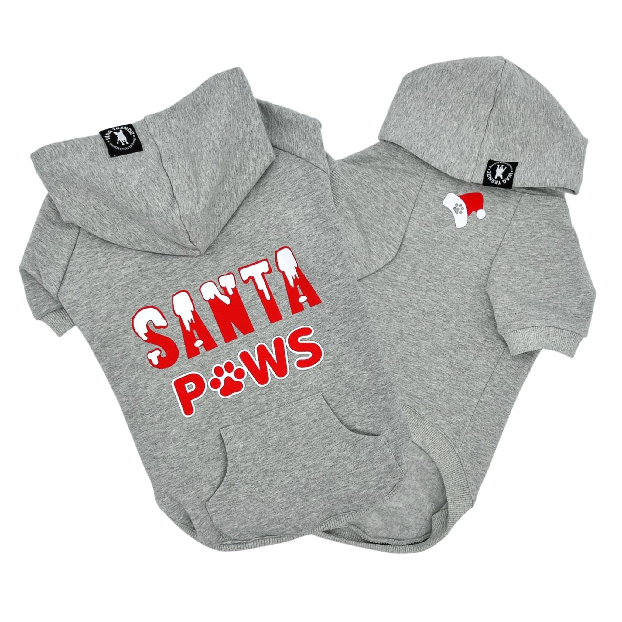 Hooded Sweatshirt For Dogs - "Santa Paws" hooded sweatshirt in gray - back view is snow capped red and white SANTA letters with paws in red and white spelled with a paw - front view with red and white Santa hat emoji with black paw print- against solid white background - Wag Trendz