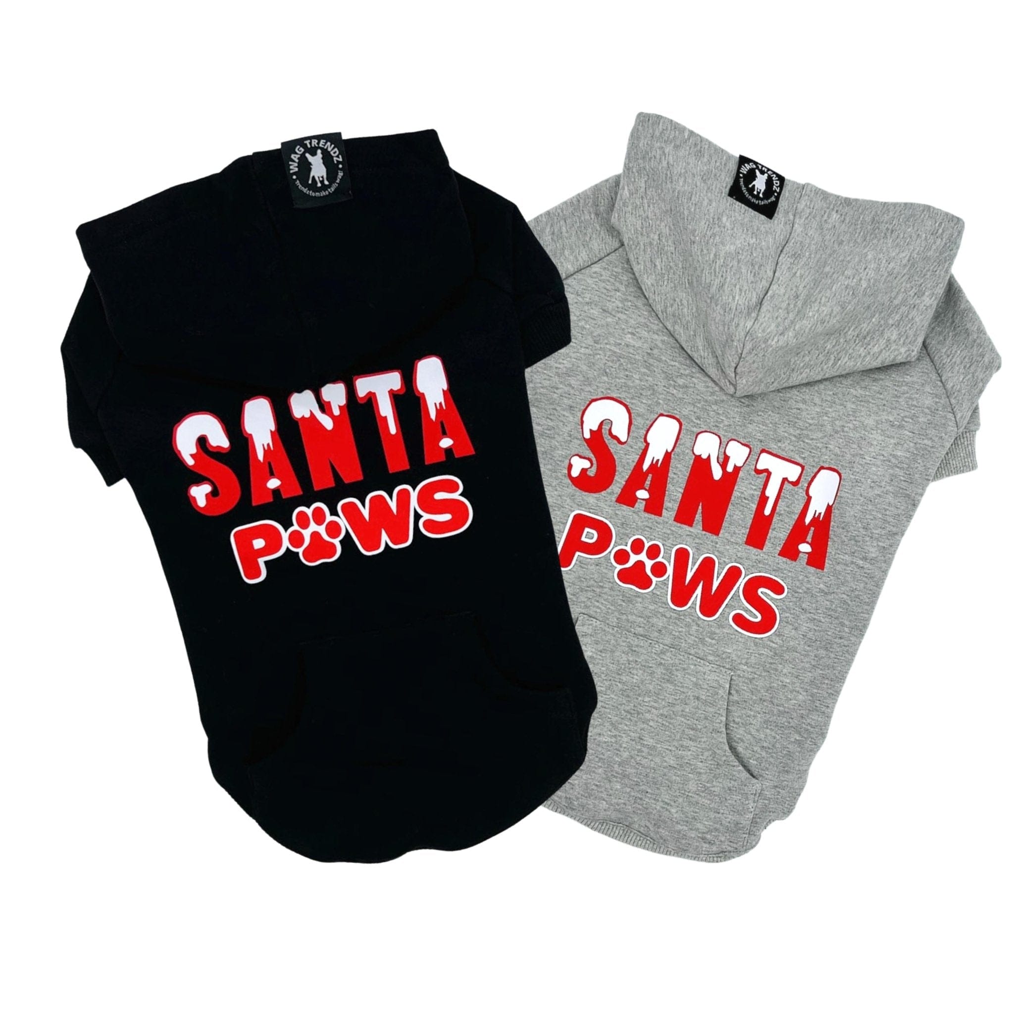 Hooded Sweatshirt For Dogs - "Santa Paws" hooded sweatshirt in black and gray - back view is snow capped red and white SANTA letters with paws in red and white spelled with a paw - against solid white background - Wag Trendz
