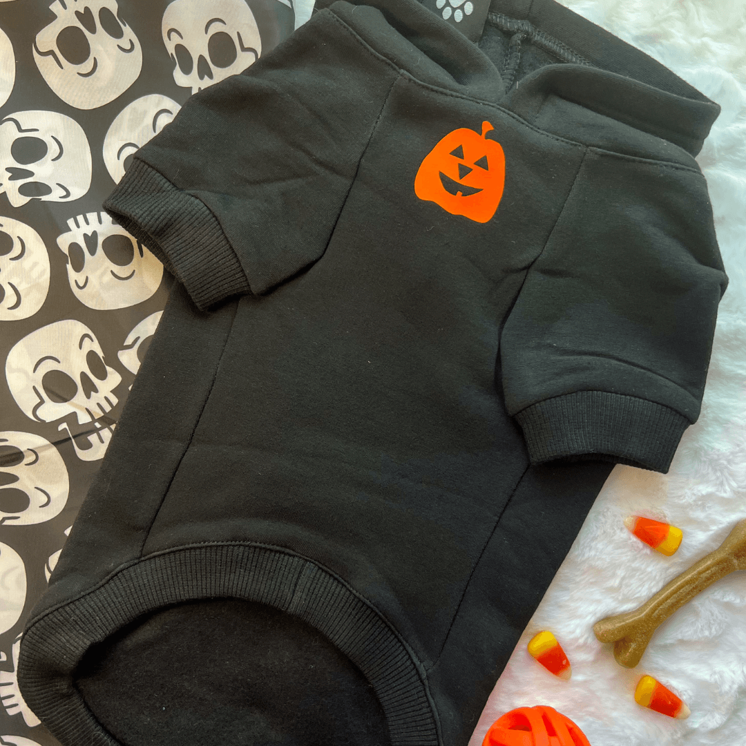 Hooded Sweatshirt For Dogs - Halloween - "Shake Your BOO Thang" hooded sweatshirt in black - Front chest view has orange pumpkin with skeleton and candy corn background - Wag Trendz